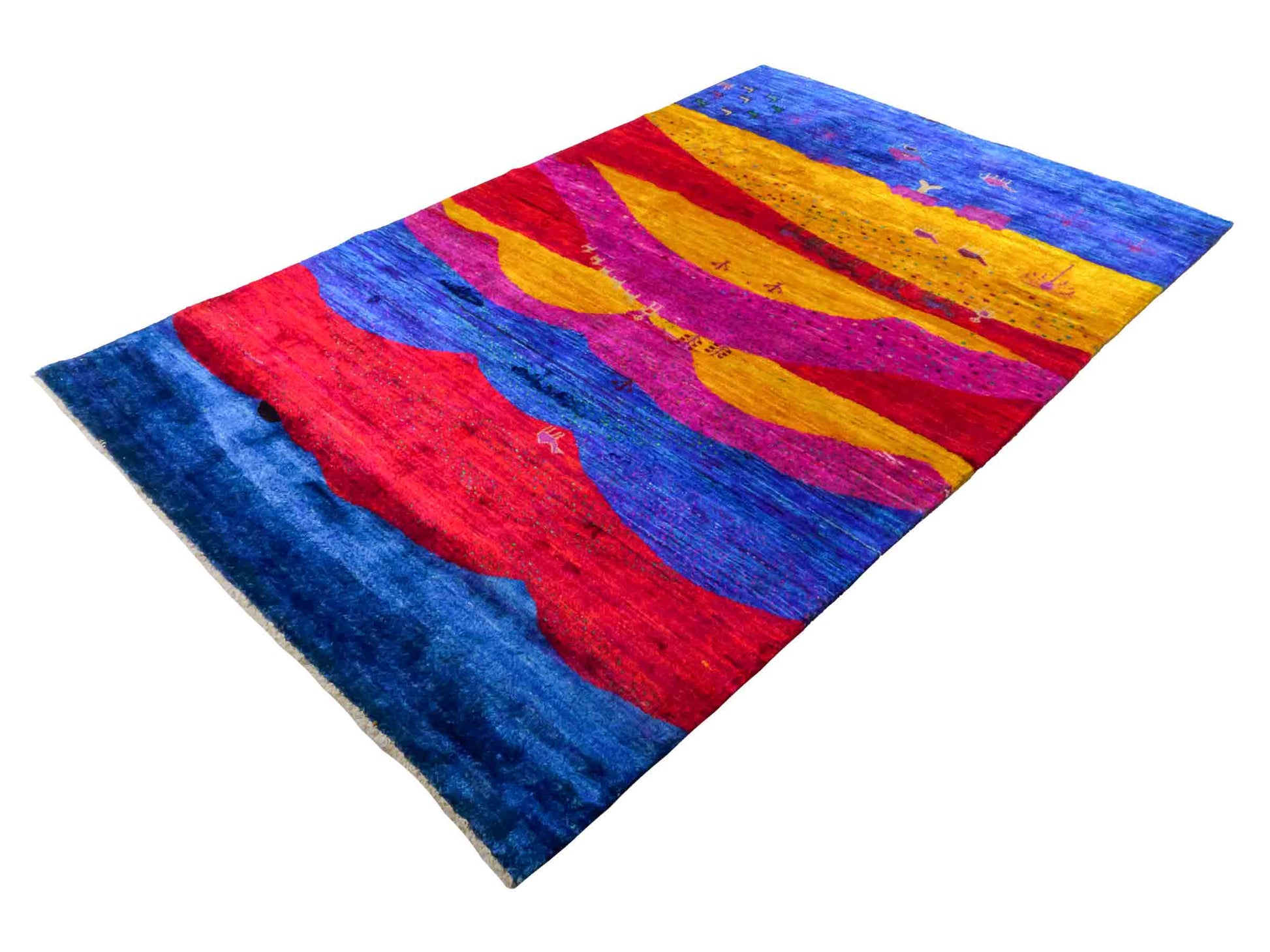 Moderner, handgeknüpfter Indo Loribaft Orientteppich von Khademi aus Sari Seide, blau, gelb, rot. Abstraktes Nomaden-Design. Von Hand geknüpft in Indien. Größe: 262x172cm. Teppichnummer: KB4-1502. Verkauf durch Jupiter Intl.