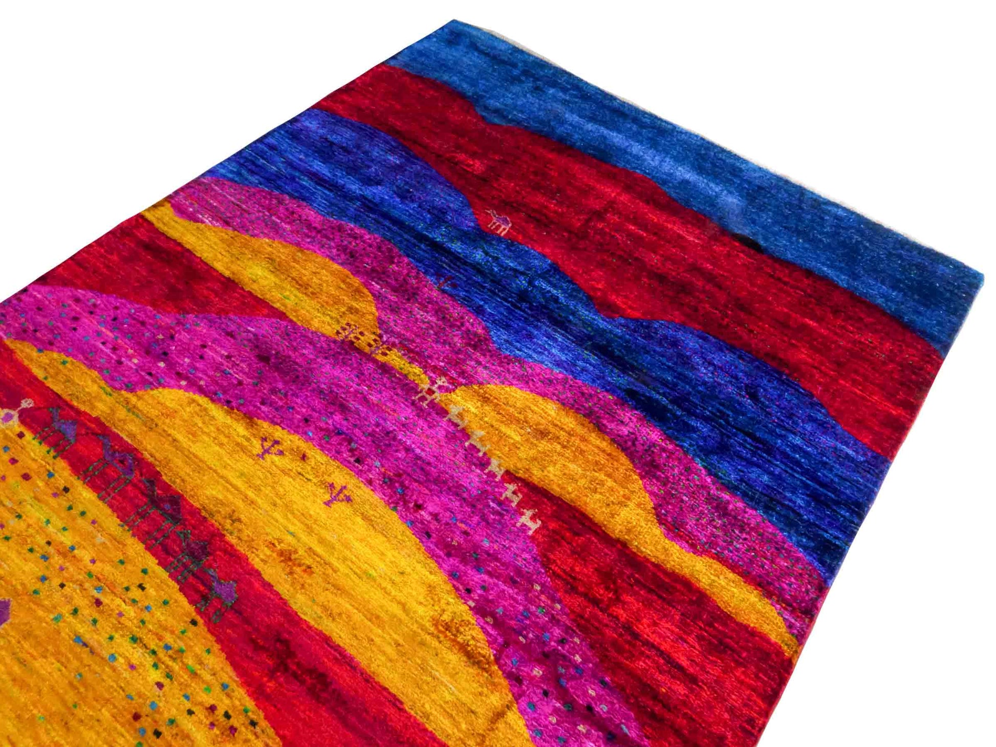 Moderner, handgeknüpfter Indo Loribaft Orientteppich von Khademi aus Sari Seide, blau, gelb, rot. Abstraktes Nomaden-Design. Von Hand geknüpft in Indien. Größe: 262x172cm. Teppichnummer: KB4-1502. Verkauf durch Jupiter Intl.
