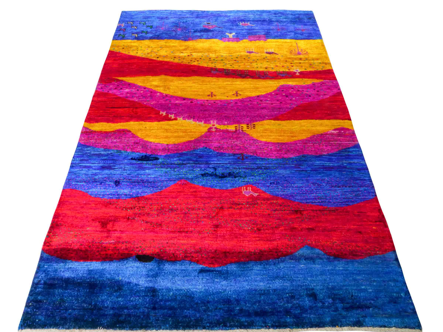 Moderner, handgeknüpfter Indo Loribaft Orientteppich von Khademi aus Sari Seide, blau, gelb, rot. Abstraktes Nomaden-Design. Von Hand geknüpft in Indien. Größe: 262x172cm. Teppichnummer: KB4-1502. Verkauf durch Jupiter Intl.