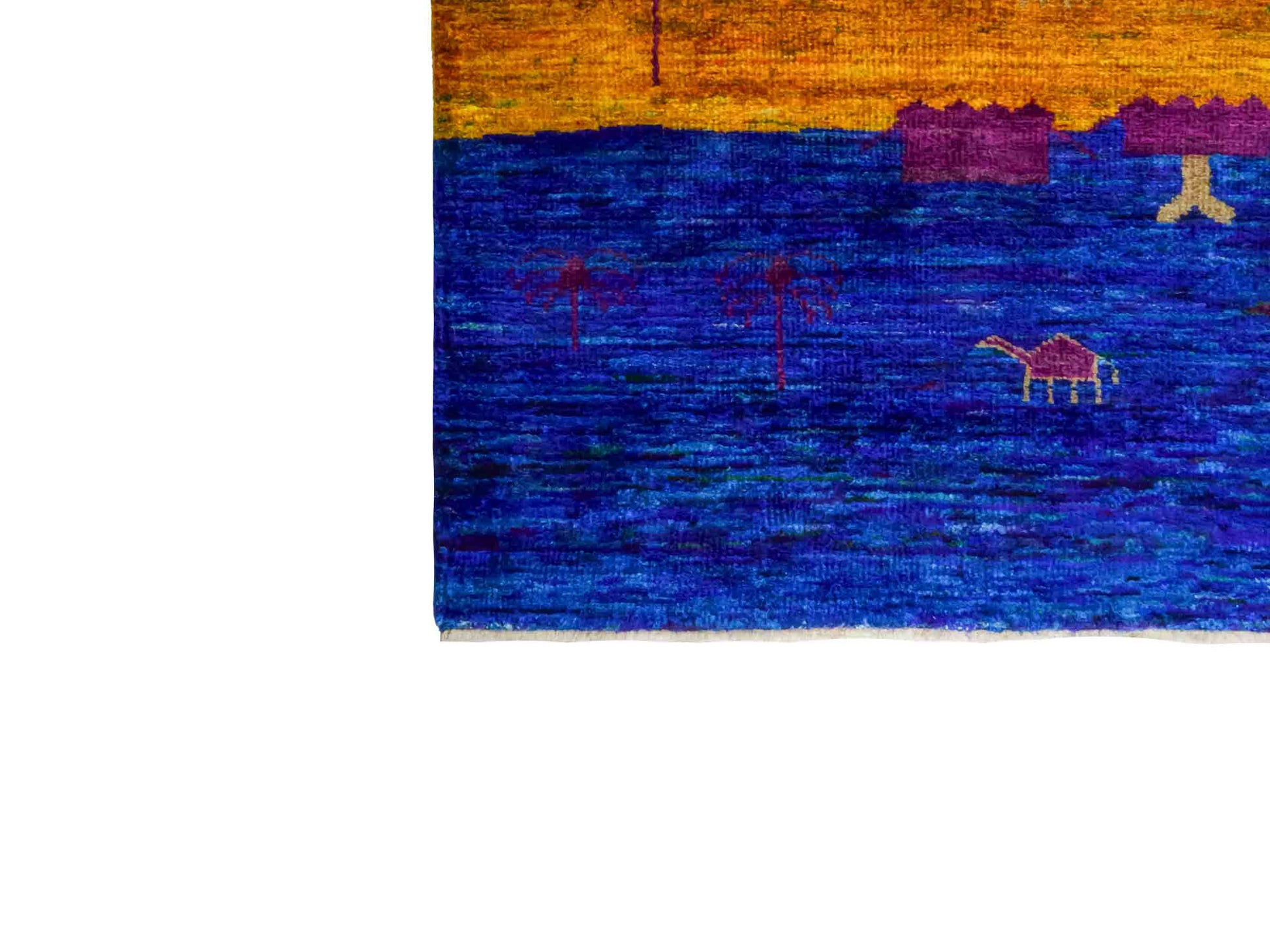 Moderner, handgeknüpfter Indo Loribaft Orientteppich von Khademi aus Sari Seide, blau, gelb, rot. Abstraktes Nomaden-Design. Von Hand geknüpft in Indien. Größe: 262x172cm. Teppichnummer: KB4-1502. Verkauf durch Jupiter Intl.