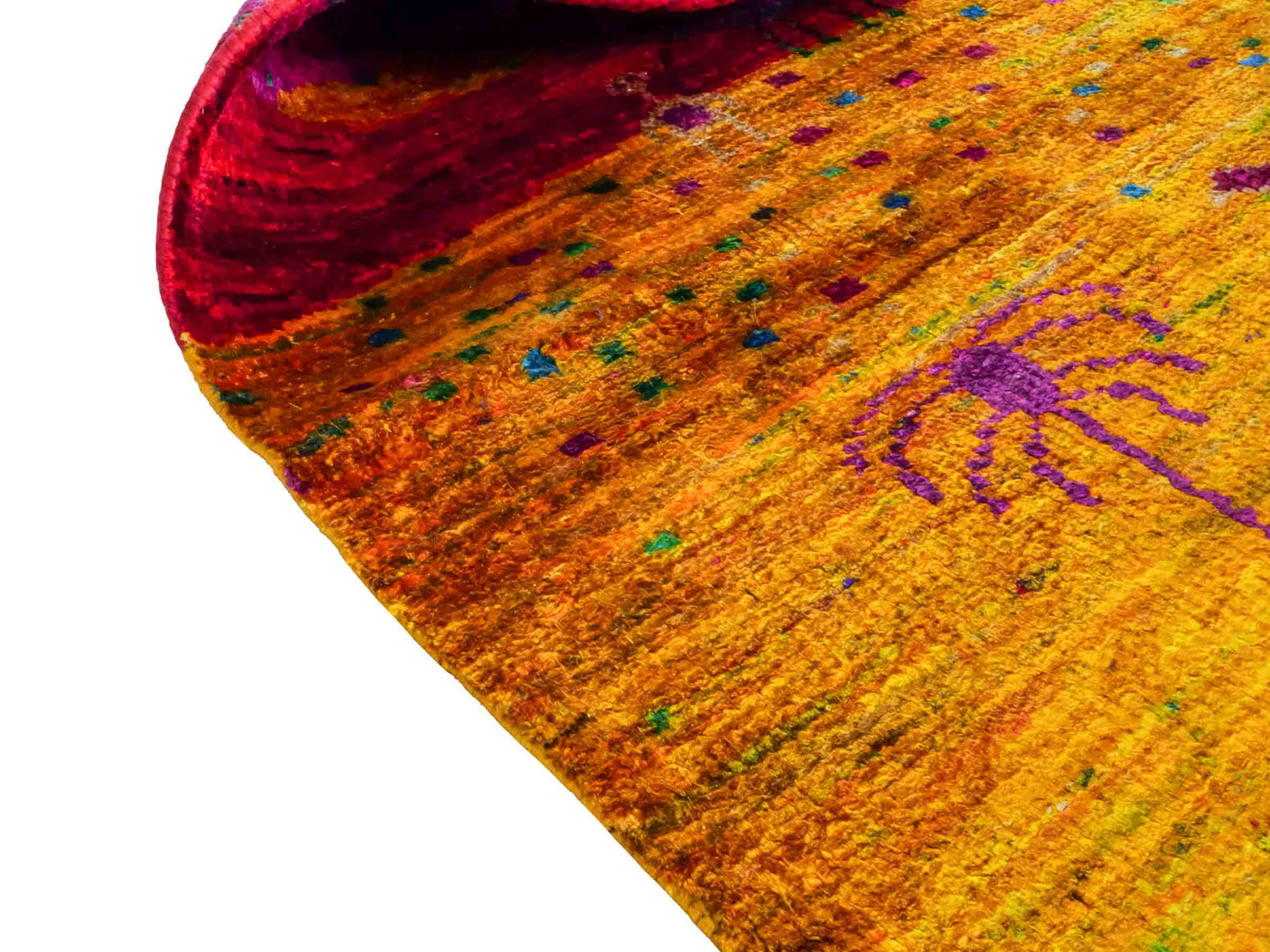 Moderner, handgeknüpfter Indo Loribaft Orientteppich von Khademi aus Sari Seide, blau, gelb, rot. Abstraktes Nomaden-Design. Von Hand geknüpft in Indien. Größe: 262x172cm. Teppichnummer: KB4-1502. Verkauf durch Jupiter Intl.
