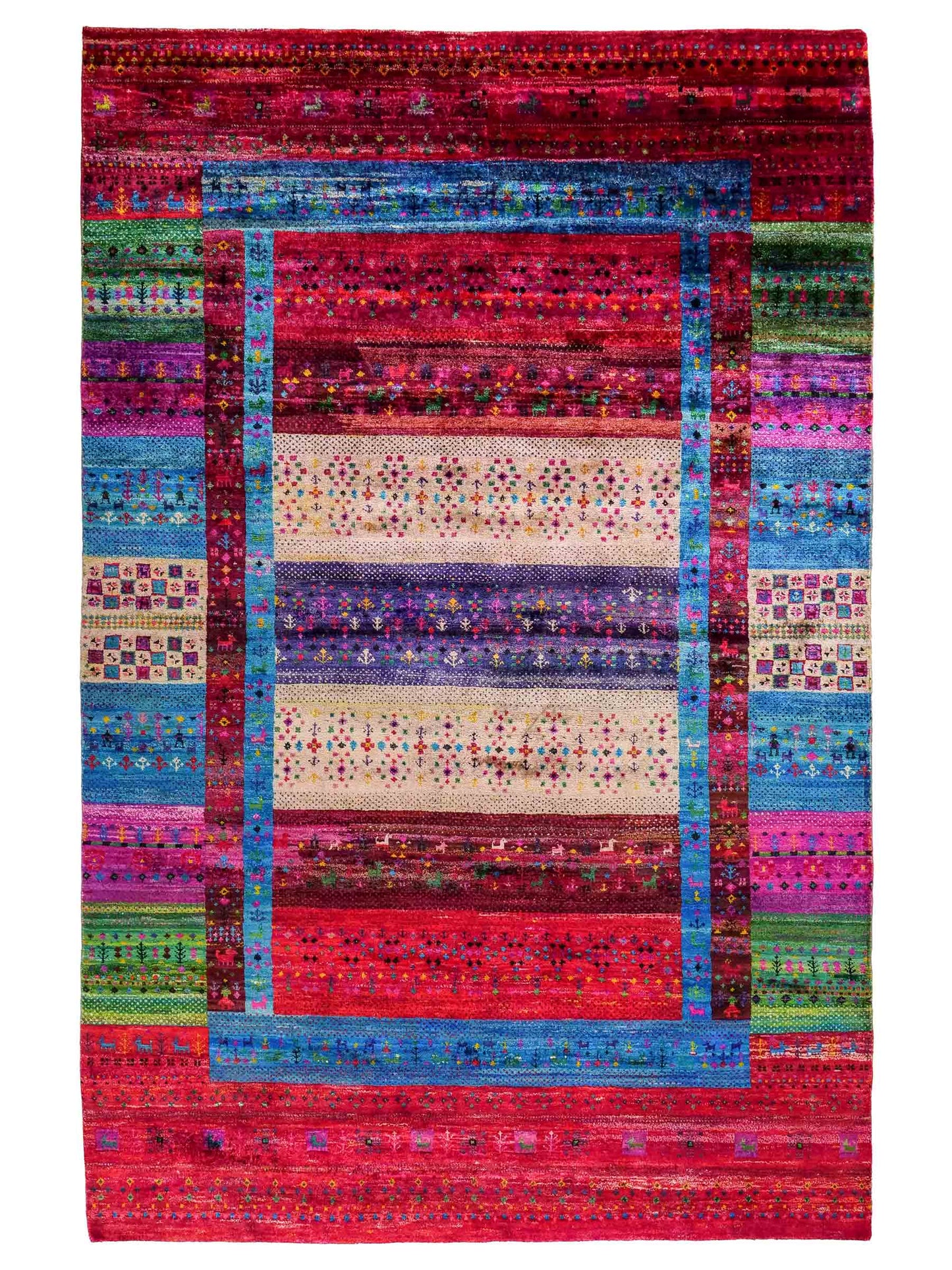 Moderner, handgeknüpfter Indo Loribaft Orientteppich von Khademi aus Sari Seide, rot, mehrfarbig. Geometrisches Nomaden-Design. Von Hand geknüpft in Indien. Größe: 276x182cm. Teppichnummer: KB4-1500. Verkauf durch Jupiter Intl.