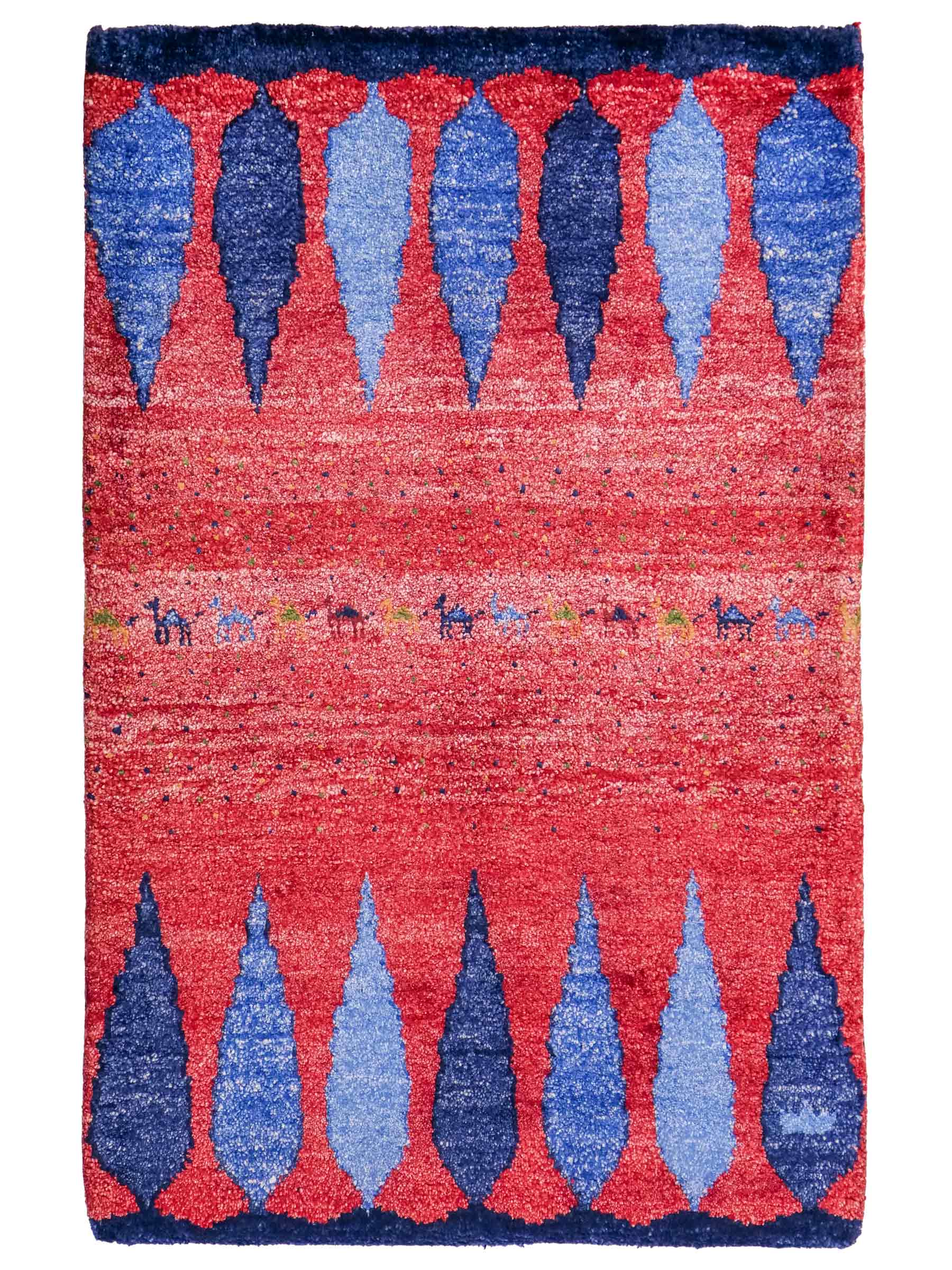 Handgeknüpfter Indo Loribaft Orientteppich von Khademi aus Viskose, Nomaden-Design, rot, blau. Von Hand geknüpft in Indien. Größe: 89x63cm. Teppichnummer: KB4-1742. Verkauf durch Jupiter Intl.