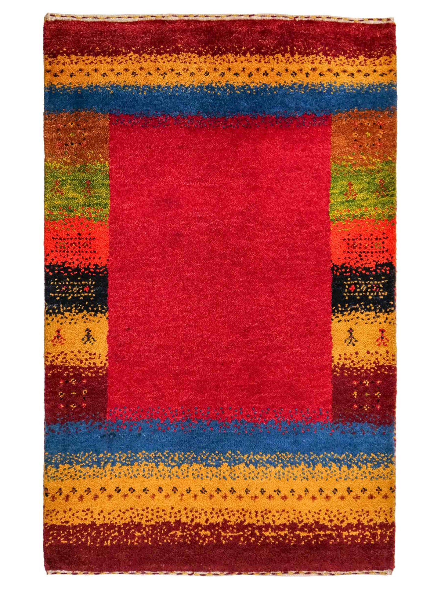 Handgeknüpfter Indo Loribaft Orientteppich von Khademi aus Wolle, rot, gold, mehrfarbig. Geometrisches Nomaden-Design. Von Hand geknüpft in Indien. Größe: 85x61cm. Teppichnummer: KB4-1737. Verkauf durch Jupiter Intl.