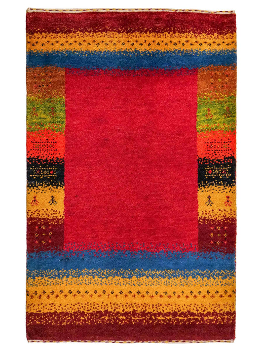 Handgeknüpfter Indo Loribaft Orientteppich von Khademi aus Wolle, rot, gold, mehrfarbig. Geometrisches Nomaden-Design. Von Hand geknüpft in Indien. Größe: 85x61cm. Teppichnummer: KB4-1737. Verkauf durch Jupiter Intl.