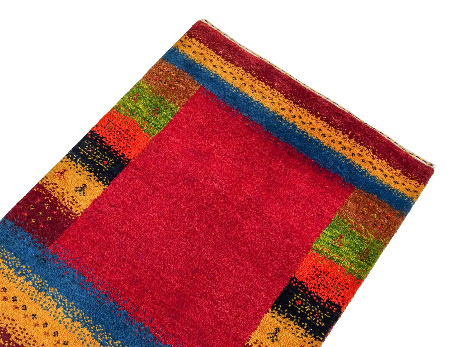 Handgeknüpfter Indo Loribaft Orientteppich von Khademi aus Wolle, rot, gold, mehrfarbig. Geometrisches Nomaden-Design. Von Hand geknüpft in Indien. Größe: 85x61cm. Teppichnummer: KB4-1737. Verkauf durch Jupiter Intl.