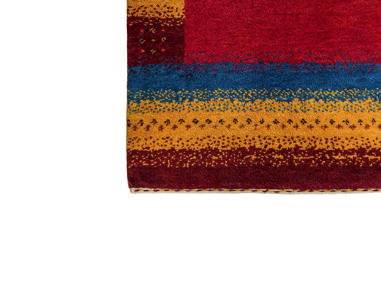 Handgeknüpfter Indo Loribaft Orientteppich von Khademi aus Wolle, rot, gold, mehrfarbig. Geometrisches Nomaden-Design. Von Hand geknüpft in Indien. Größe: 85x61cm. Teppichnummer: KB4-1737. Verkauf durch Jupiter Intl.