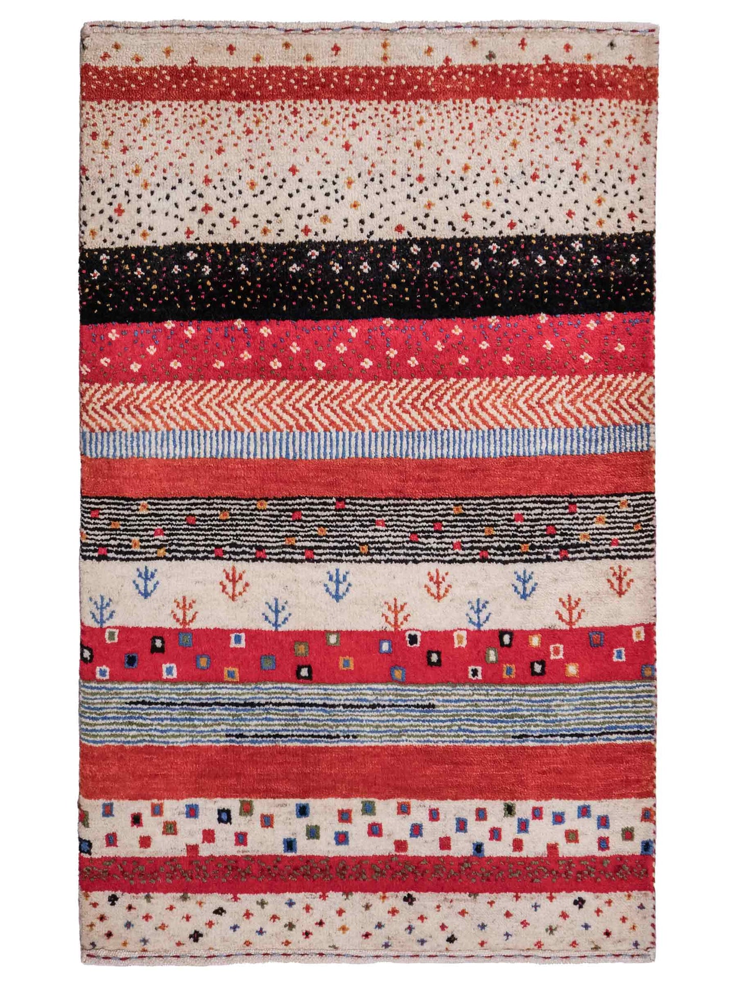 Handgeknüpfter Indo Loribaft Orientteppich von Khademi aus Wolle, cremeweiß, rot. Gestreiftes Nomaden-Design. Von Hand geknüpft in Indien. Größe: 88x60cm. Teppichnummer: KB4-1755. Verkauf durch Jupiter Intl.