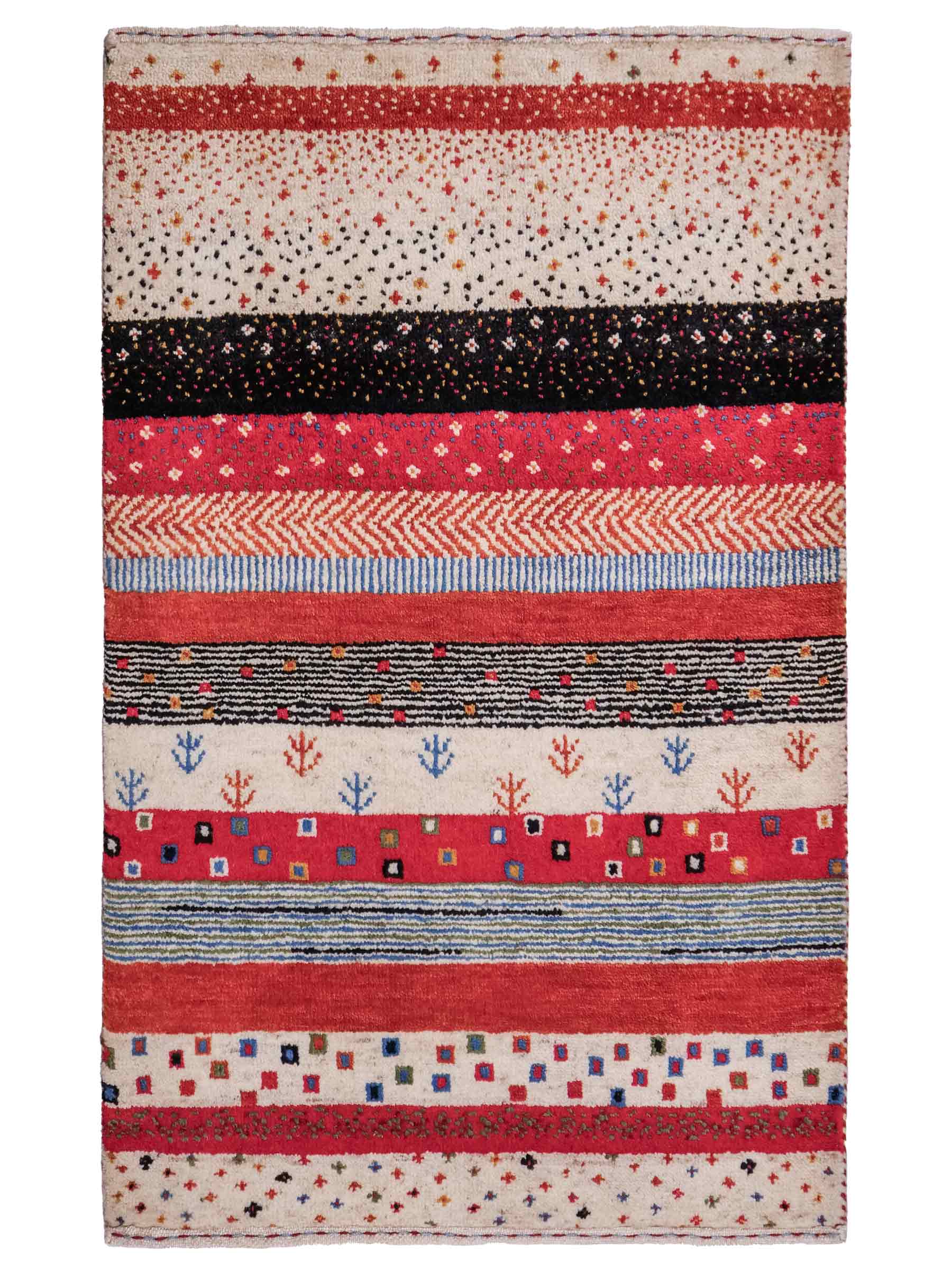 Handgeknüpfter Indo Loribaft Orientteppich von Khademi aus Wolle, cremeweiß, rot. Gestreiftes Nomaden-Design. Von Hand geknüpft in Indien. Größe: 88x60cm. Teppichnummer: KB4-1755. Verkauf durch Jupiter Intl.