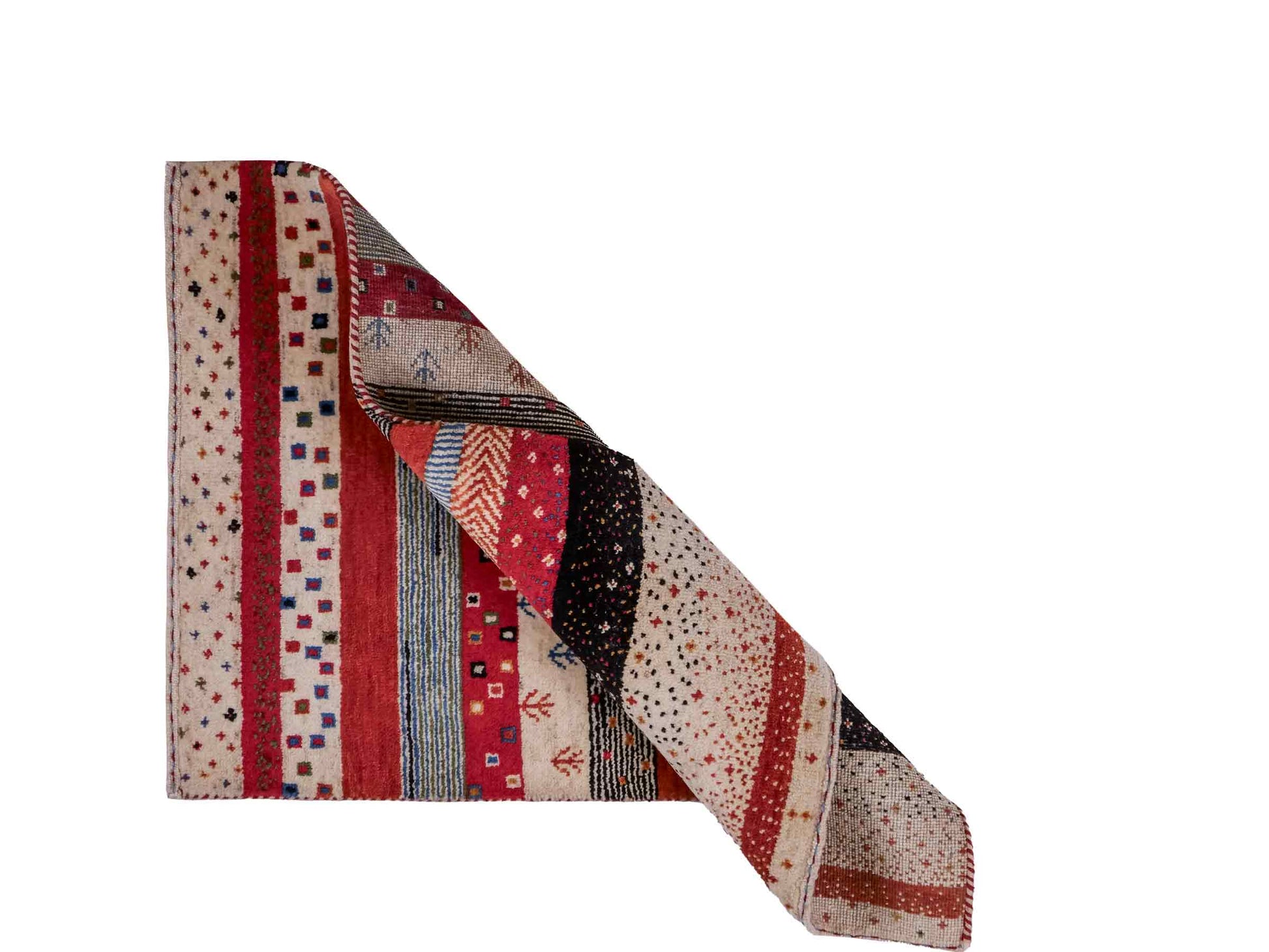 Handgeknüpfter Indo Loribaft Orientteppich von Khademi aus Wolle, cremeweiß, rot. Gestreiftes Nomaden-Design. Von Hand geknüpft in Indien. Größe: 88x60cm. Teppichnummer: KB4-1755. Verkauf durch Jupiter Intl.