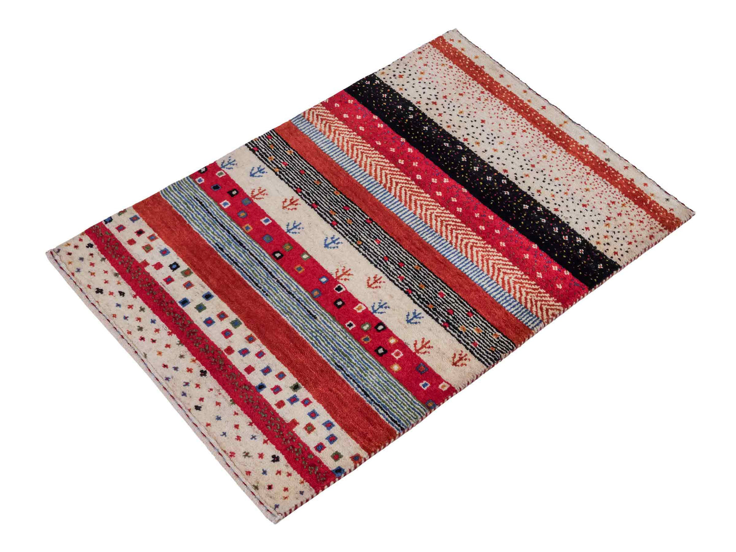 Handgeknüpfter Indo Loribaft Orientteppich von Khademi aus Wolle, cremeweiß, rot. Gestreiftes Nomaden-Design. Von Hand geknüpft in Indien. Größe: 88x60cm. Teppichnummer: KB4-1755. Verkauf durch Jupiter Intl.