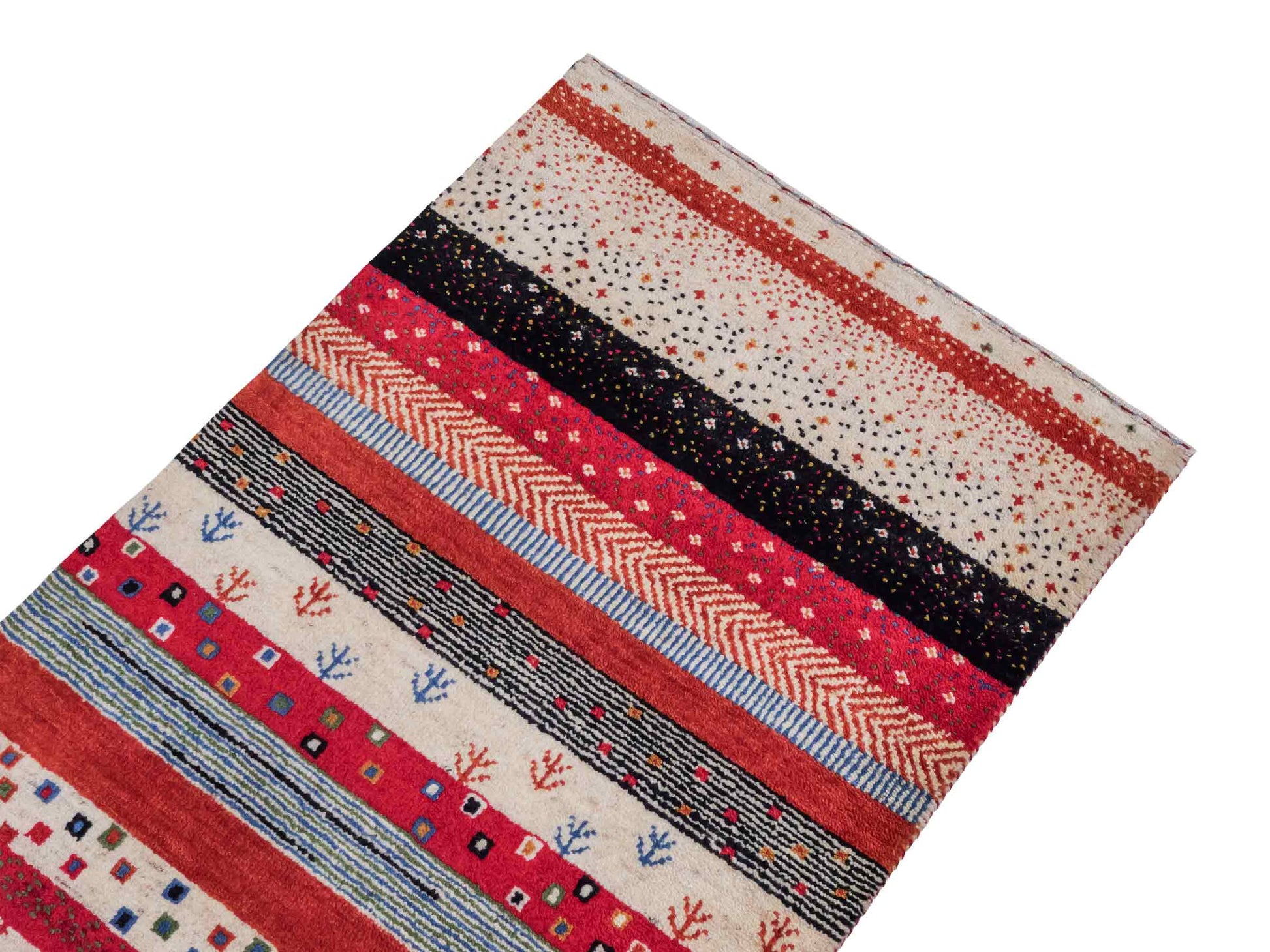 Handgeknüpfter Indo Loribaft Orientteppich von Khademi aus Wolle, cremeweiß, rot. Gestreiftes Nomaden-Design. Von Hand geknüpft in Indien. Größe: 88x60cm. Teppichnummer: KB4-1755. Verkauf durch Jupiter Intl.