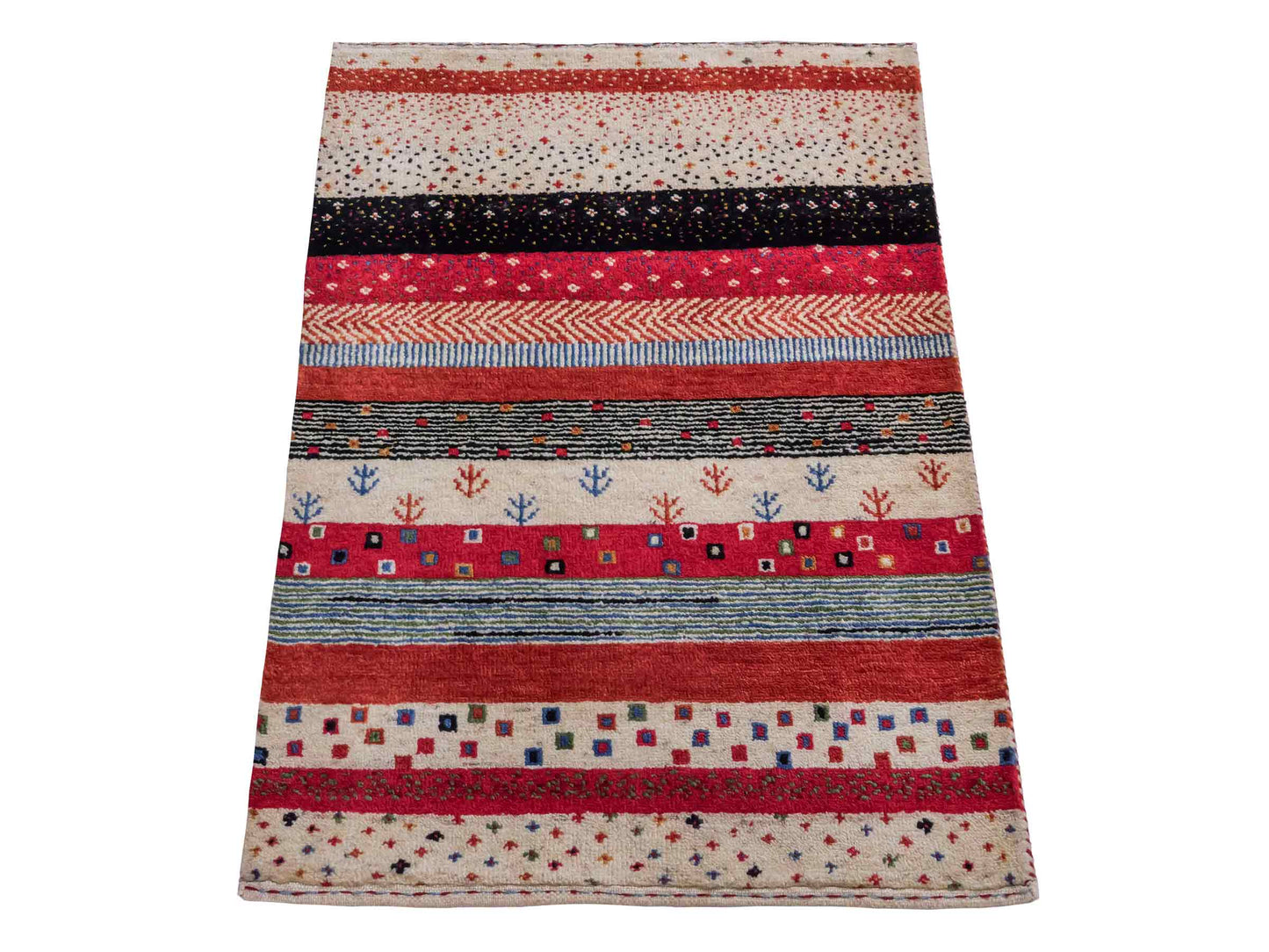 Handgeknüpfter Indo Loribaft Orientteppich von Khademi aus Wolle, cremeweiß, rot. Gestreiftes Nomaden-Design. Von Hand geknüpft in Indien. Größe: 88x60cm. Teppichnummer: KB4-1755. Verkauf durch Jupiter Intl.