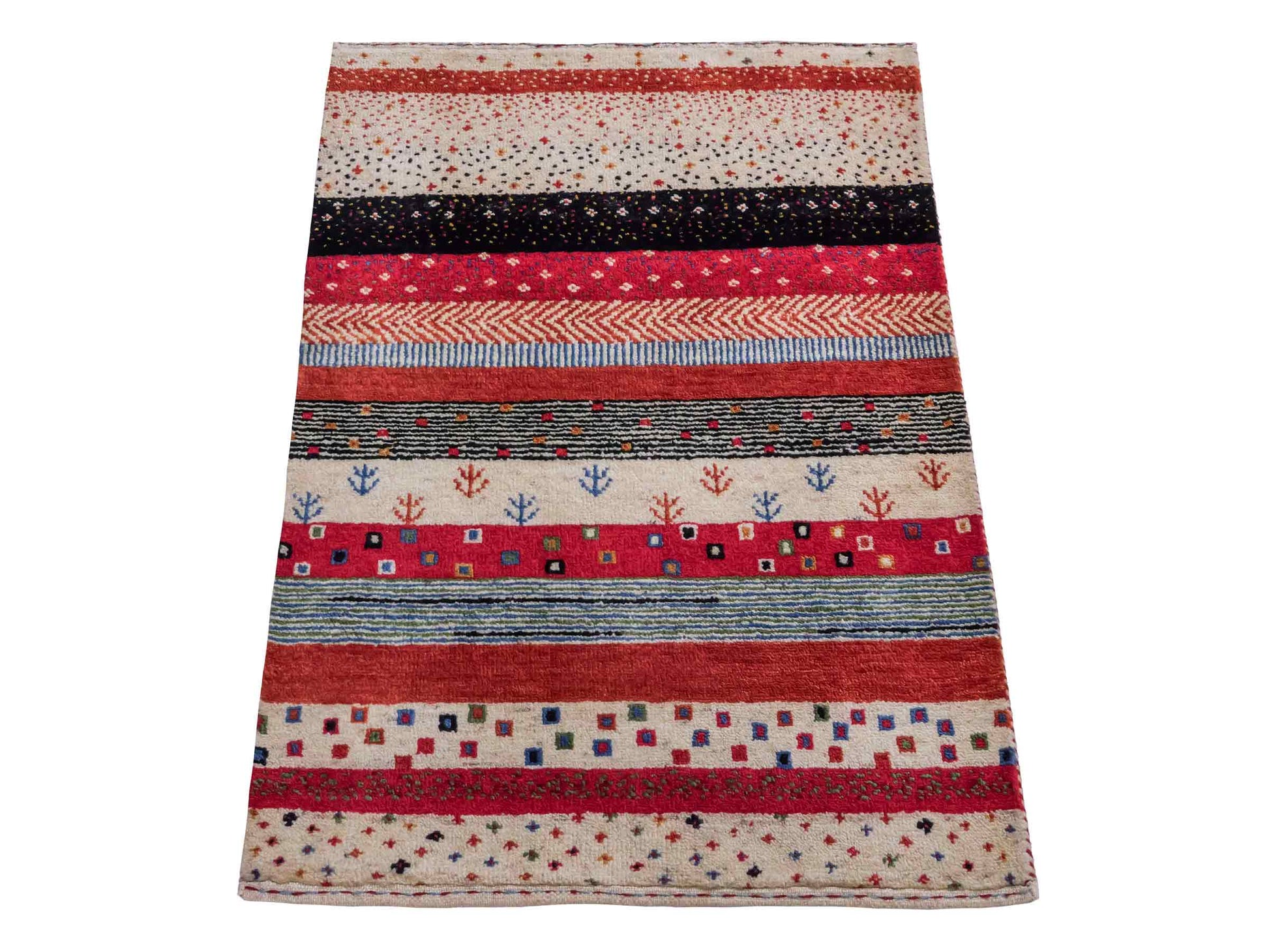 Handgeknüpfter Indo Loribaft Orientteppich von Khademi aus Wolle, cremeweiß, rot. Gestreiftes Nomaden-Design. Von Hand geknüpft in Indien. Größe: 88x60cm. Teppichnummer: KB4-1755. Verkauf durch Jupiter Intl.