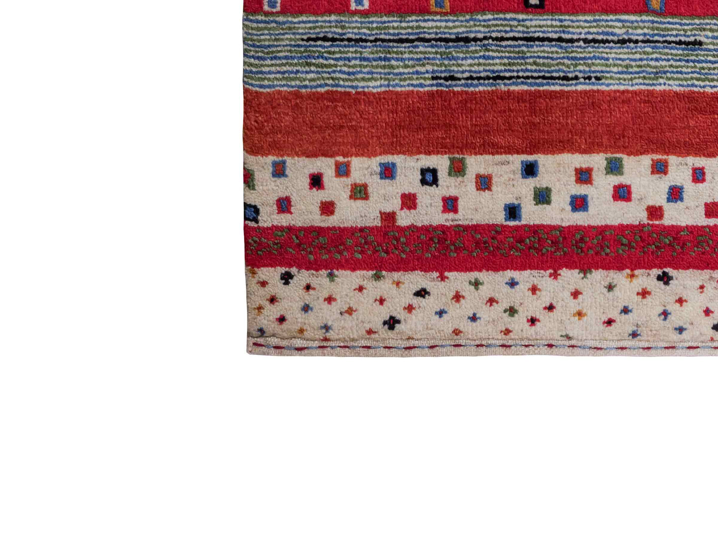 Handgeknüpfter Indo Loribaft Orientteppich von Khademi aus Wolle, cremeweiß, rot. Gestreiftes Nomaden-Design. Von Hand geknüpft in Indien. Größe: 88x60cm. Teppichnummer: KB4-1755. Verkauf durch Jupiter Intl.