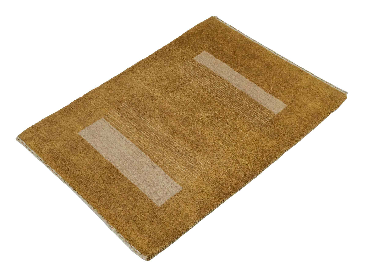 Handgeknüpfter Indo Loribaft Orientteppich von Khademi aus Wolle, gold. Geometrisches Nomaden-Design. Von Hand geknüpft in Indien. Größe: 88x61cm. Teppichnummer: KB4-1741. Verkauf durch Jupiter Intl.