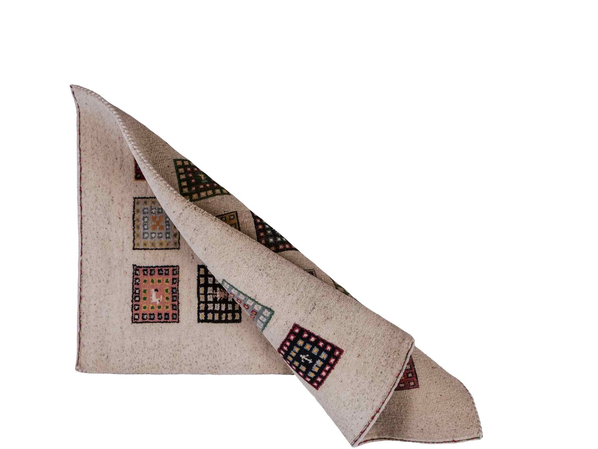 Handgeknüpfter Indo Loribaft Orientteppich von Khademi aus Wolle, cremeweiß, mehrfarbig. Geometrisches Nomaden-Feldmuster. Von Hand geknüpft in Indien. Größe: 89x60cm. Teppichnummer: KB4-1722. Verkauf durch Jupiter Intl.