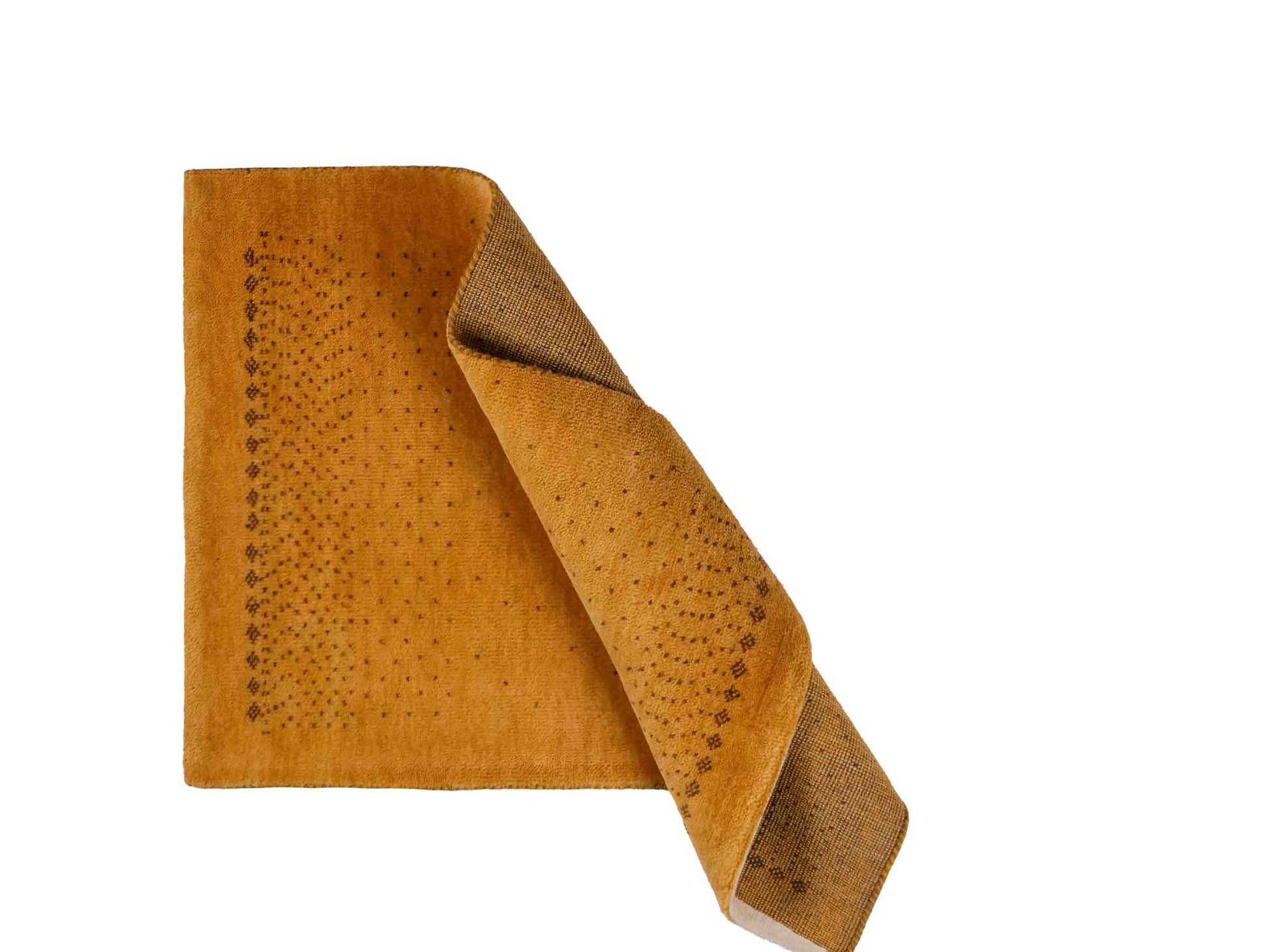 Handgeknüpfter Indo Loribaft Orientteppich von Khademi aus Wolle, gold. Geometrisches Nomaden-Design. Von Hand geknüpft in Indien. Größe: 90x58cm. Teppichnummer: KB4-1716. Verkauf durch Jupiter Intl.