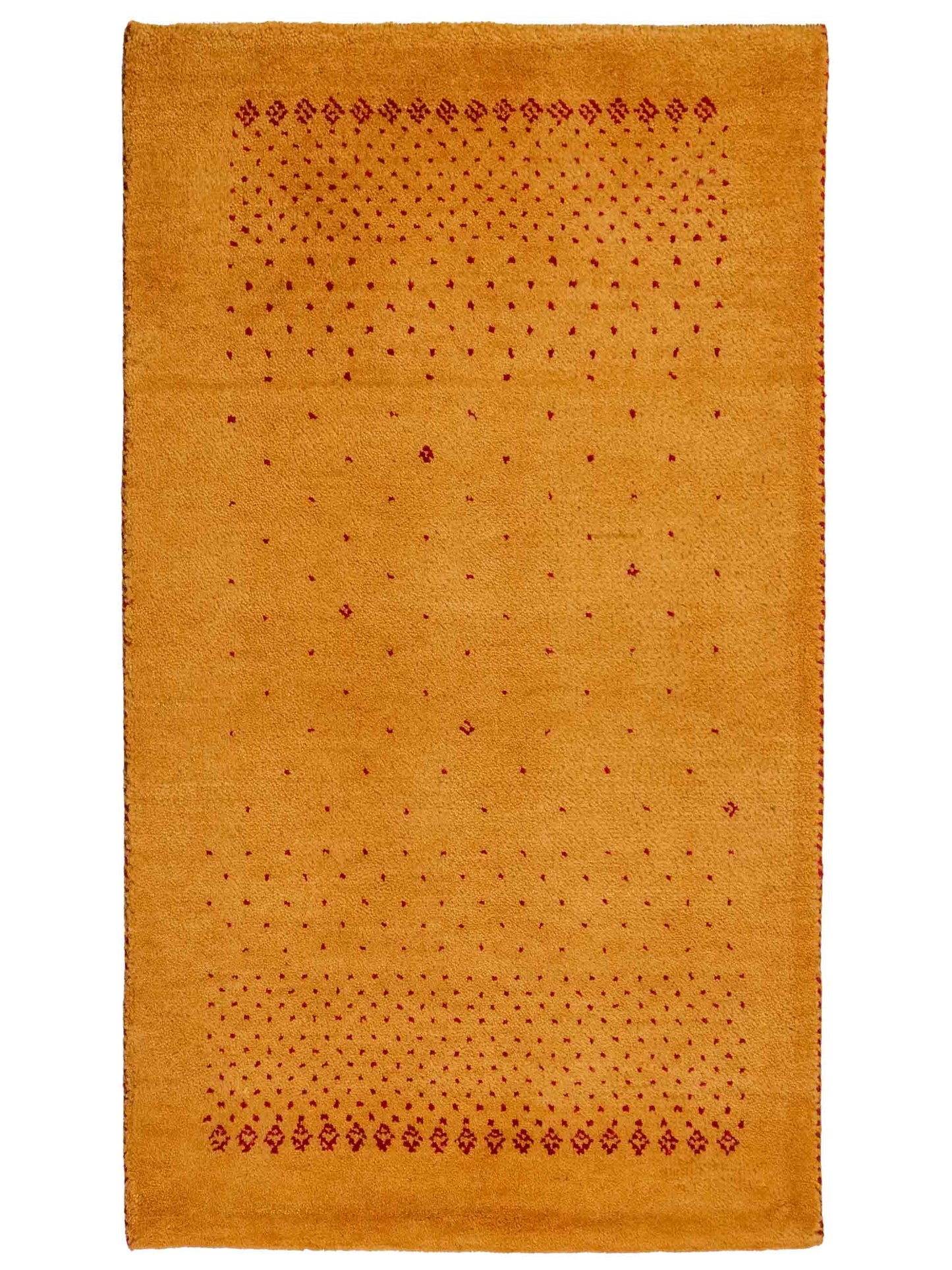 Handgeknüpfter Indo Loribaft Orientteppich von Khademi aus Wolle, gold. Geometrisches Nomaden-Design. Von Hand geknüpft in Indien. Größe: 90x59cm. Teppichnummer: KB4-1753. Verkauf durch Jupiter Intl.