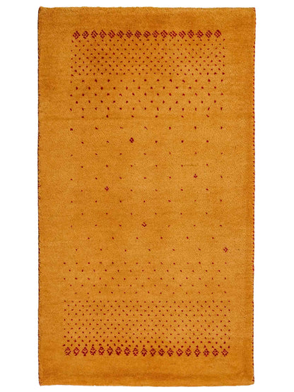 Handgeknüpfter Indo Loribaft Orientteppich von Khademi aus Wolle, gold. Geometrisches Nomaden-Design. Von Hand geknüpft in Indien. Größe: 90x59cm. Teppichnummer: KB4-1753. Verkauf durch Jupiter Intl.