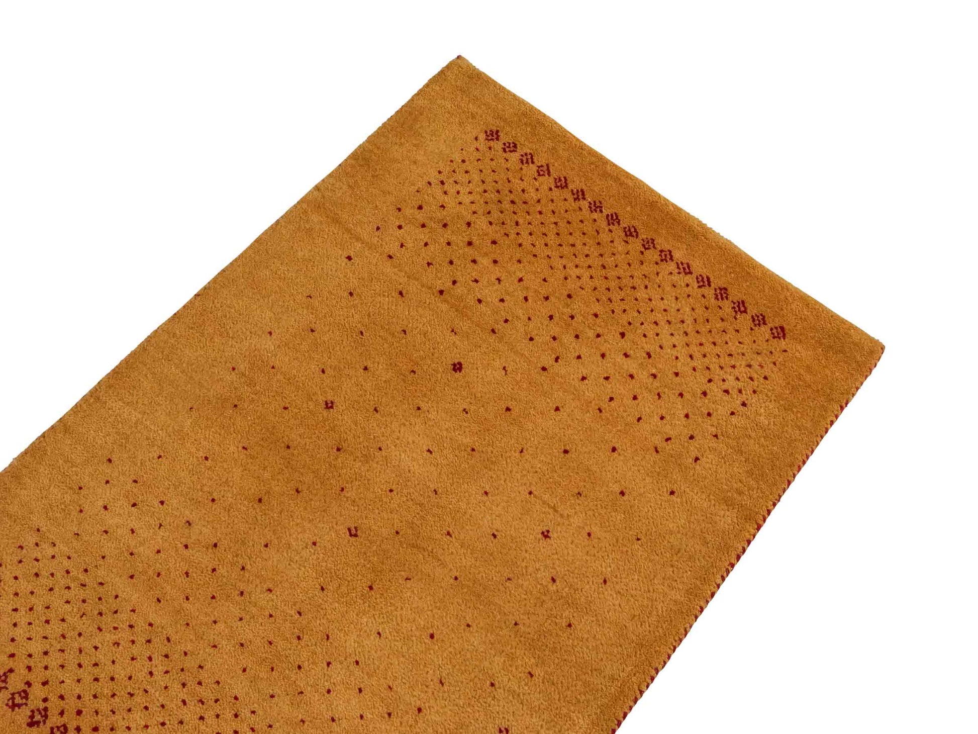 Handgeknüpfter Indo Loribaft Orientteppich von Khademi aus Wolle, gold. Geometrisches Nomaden-Design. Von Hand geknüpft in Indien. Größe: 90x59cm. Teppichnummer: KB4-1753. Verkauf durch Jupiter Intl.