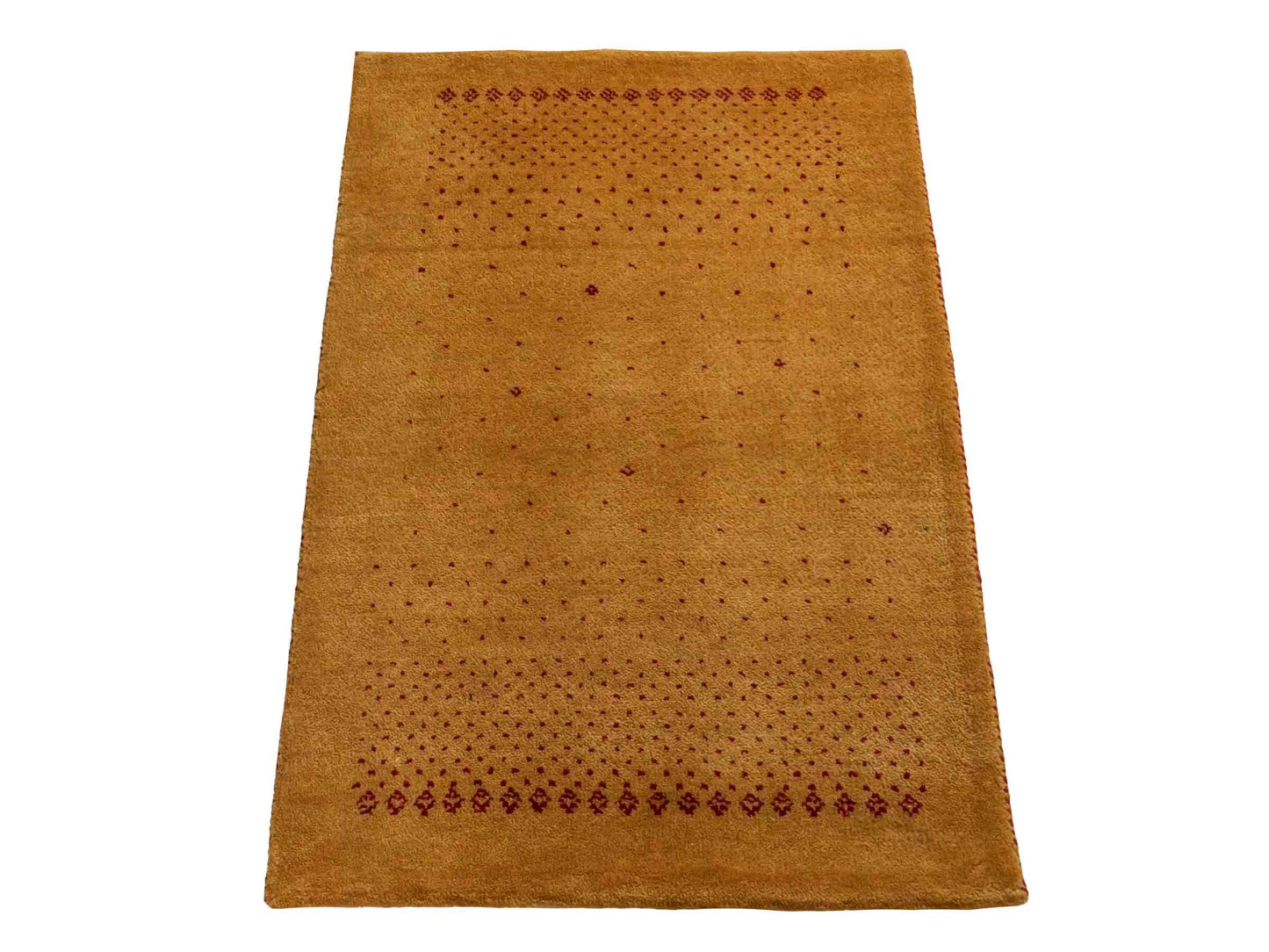 Handgeknüpfter Indo Loribaft Orientteppich von Khademi aus Wolle, gold. Geometrisches Nomaden-Design. Von Hand geknüpft in Indien. Größe: 90x59cm. Teppichnummer: KB4-1753. Verkauf durch Jupiter Intl.
