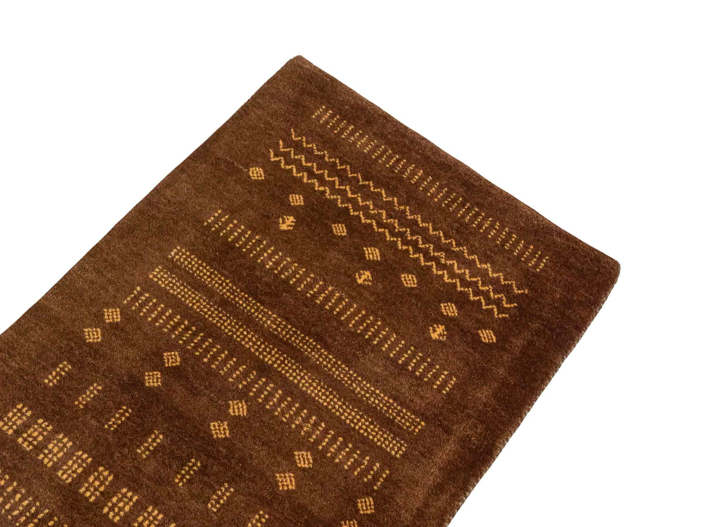Handgeknüpfter Indo Loribaft Orientteppich von Khademi aus Wolle, braun. Geometrisches Nomaden-Design. Von Hand geknüpft in Indien. Größe: 91x61cm. Teppichnummer: KB4-1757. Verkauf durch Jupiter Intl.