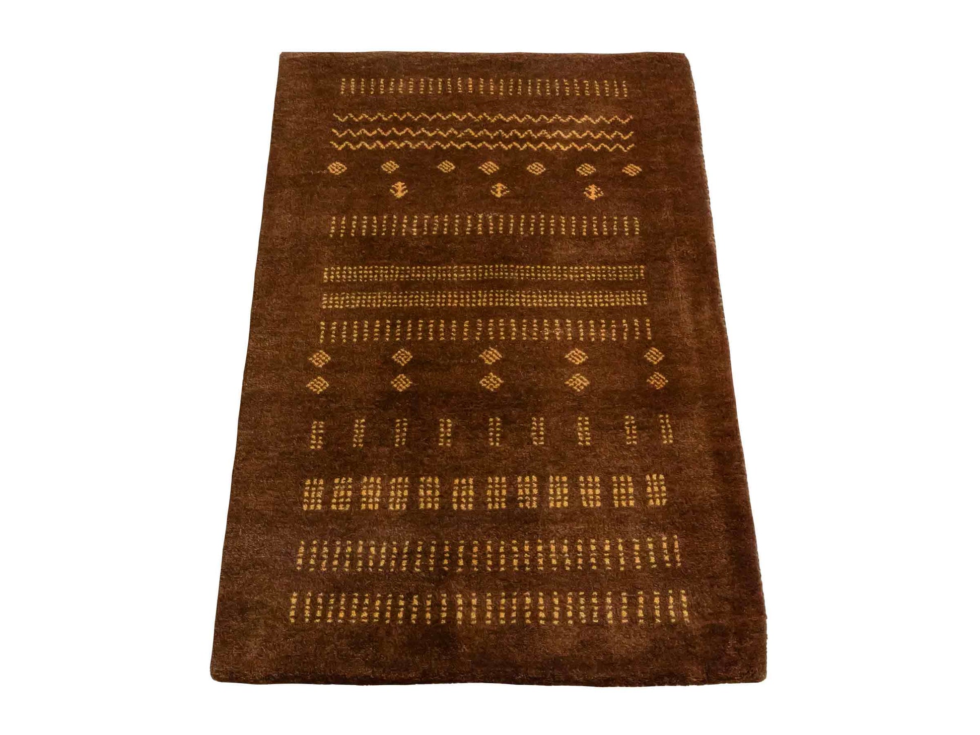 Handgeknüpfter Indo Loribaft Orientteppich von Khademi aus Wolle, braun. Geometrisches Nomaden-Design. Von Hand geknüpft in Indien. Größe: 91x61cm. Teppichnummer: KB4-1757. Verkauf durch Jupiter Intl.