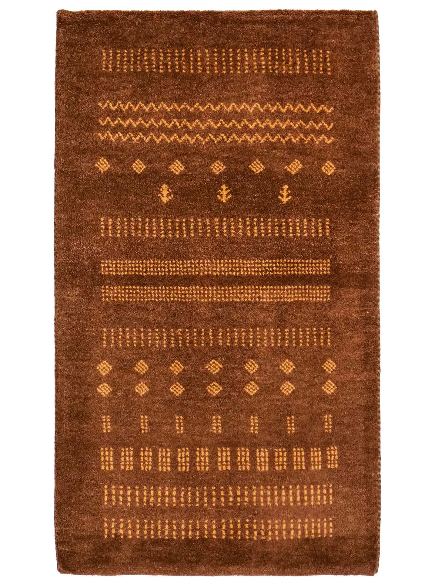 Handgeknüpfter Indo Loribaft Orientteppich von Khademi aus Wolle, braun. Geometrisches Nomaden-Design. Von Hand geknüpft in Indien. Größe: 91x61cm. Teppichnummer: KB4-1758. Verkauf durch Jupiter Intl.