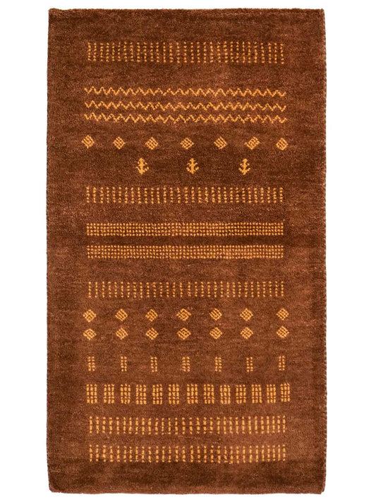 Handgeknüpfter Indo Loribaft Orientteppich von Khademi aus Wolle, braun. Geometrisches Nomaden-Design. Von Hand geknüpft in Indien. Größe: 91x61cm. Teppichnummer: KB4-1758. Verkauf durch Jupiter Intl.