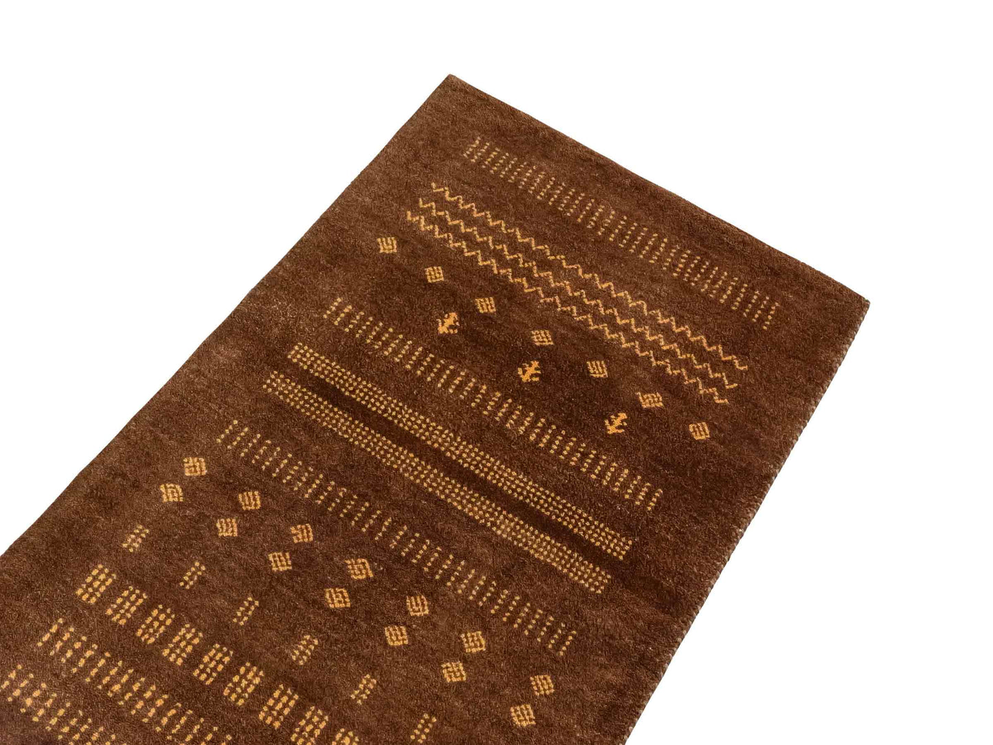 Handgeknüpfter Indo Loribaft Orientteppich von Khademi aus Wolle, braun. Geometrisches Nomaden-Design. Von Hand geknüpft in Indien. Größe: 91x61cm. Teppichnummer: KB4-1758. Verkauf durch Jupiter Intl.