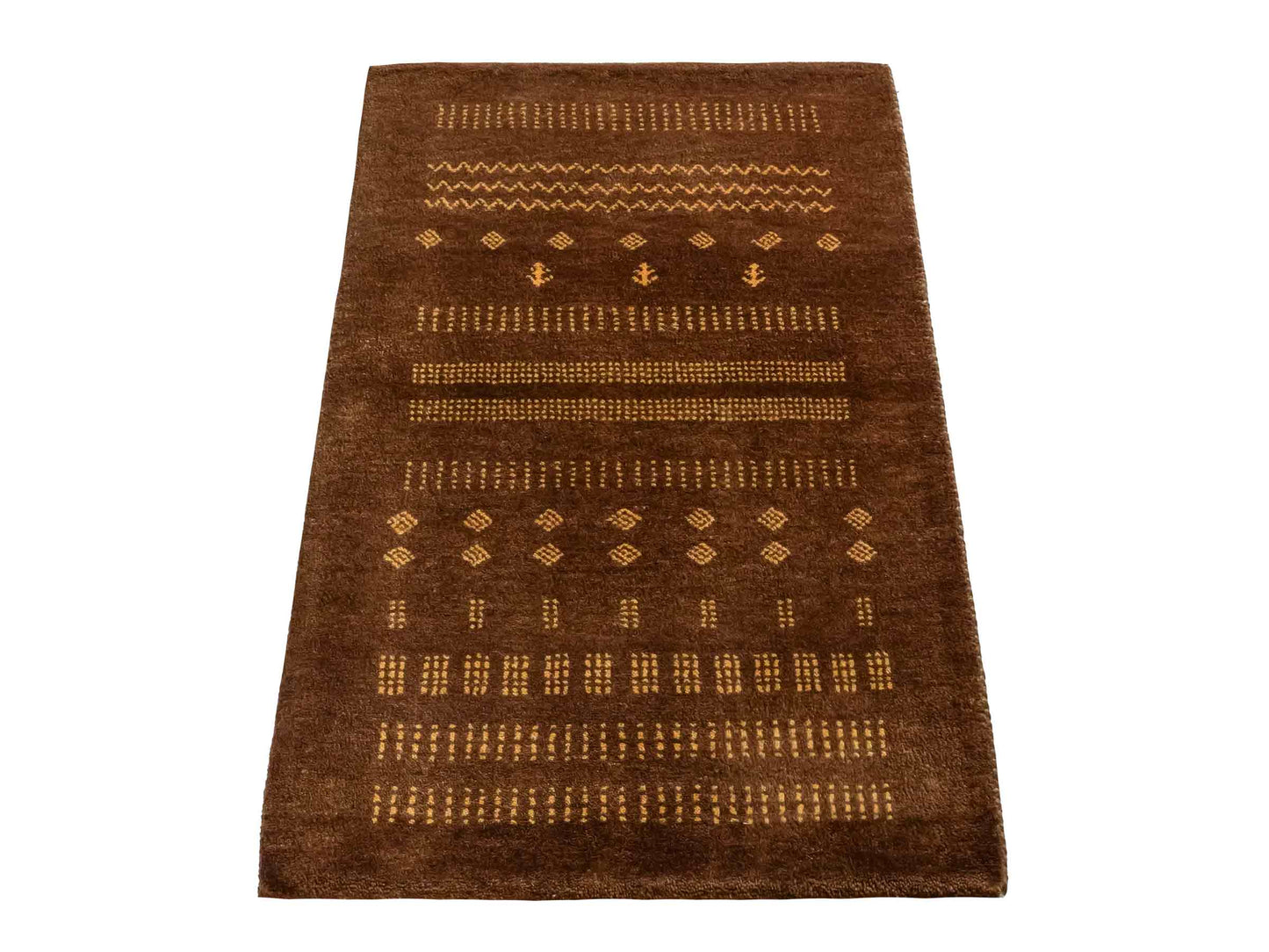 Handgeknüpfter Indo Loribaft Orientteppich von Khademi aus Wolle, braun. Geometrisches Nomaden-Design. Von Hand geknüpft in Indien. Größe: 91x61cm. Teppichnummer: KB4-1758. Verkauf durch Jupiter Intl.