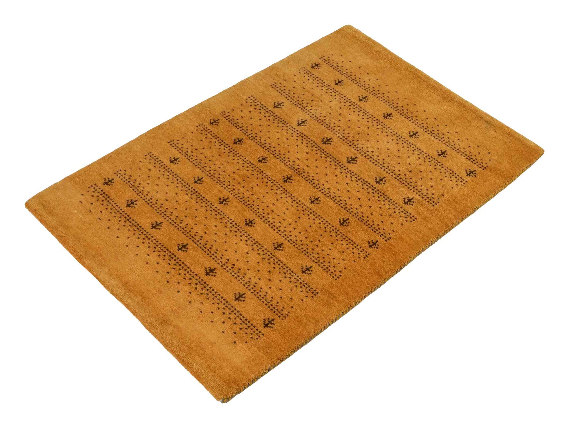 Handgeknüpfter Indo Loribaft Orientteppich von Khademi aus Wolle, gold. Geometrisches Nomaden-Design. Von Hand geknüpft in Indien. Größe: 91x61cm. Teppichnummer: KB4-1744. Verkauf durch Jupiter Intl.