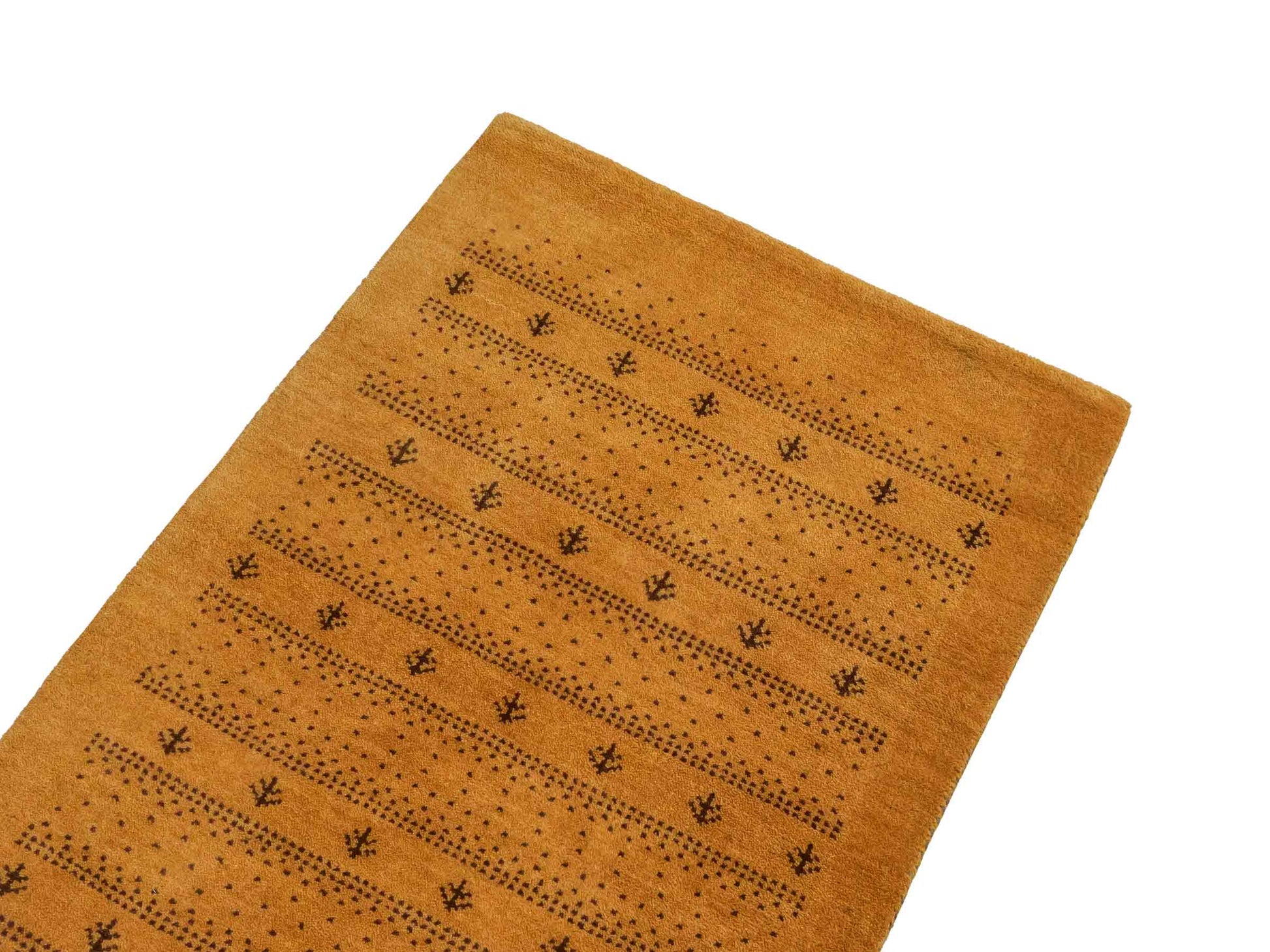 Handgeknüpfter Indo Loribaft Orientteppich von Khademi aus Wolle, gold. Geometrisches Nomaden-Design. Von Hand geknüpft in Indien. Größe: 91x61cm. Teppichnummer: KB4-1744. Verkauf durch Jupiter Intl.