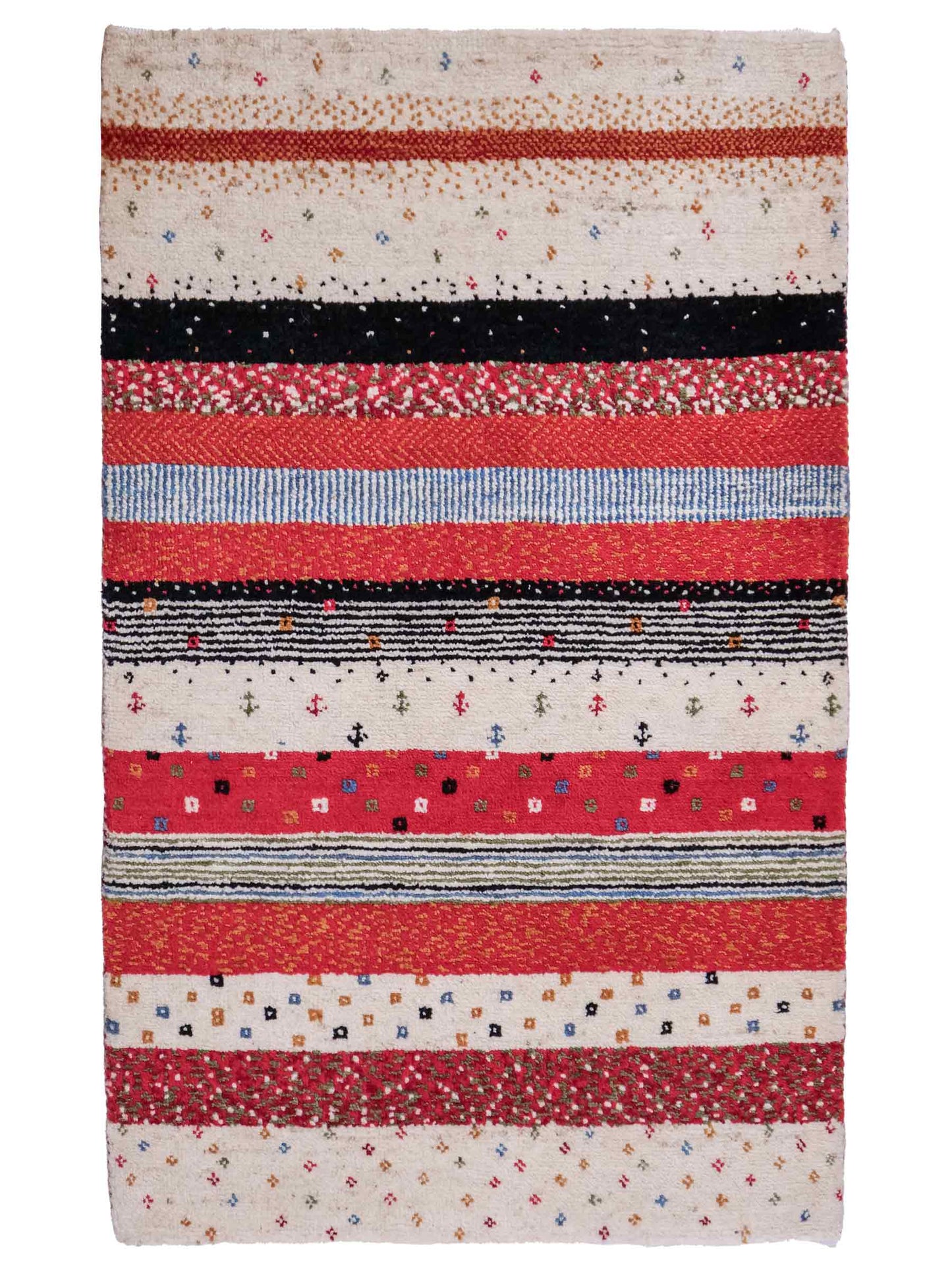 Handgeknüpfter Indo Loribaft Orientteppich von Khademi aus Wolle, cremeweiß, rot. Gestreiftes Nomaden-Design. Von Hand geknüpft in Indien. Größe: 91x62cm. Teppichnummer: KB4-1740. Verkauf durch Jupiter Intl.