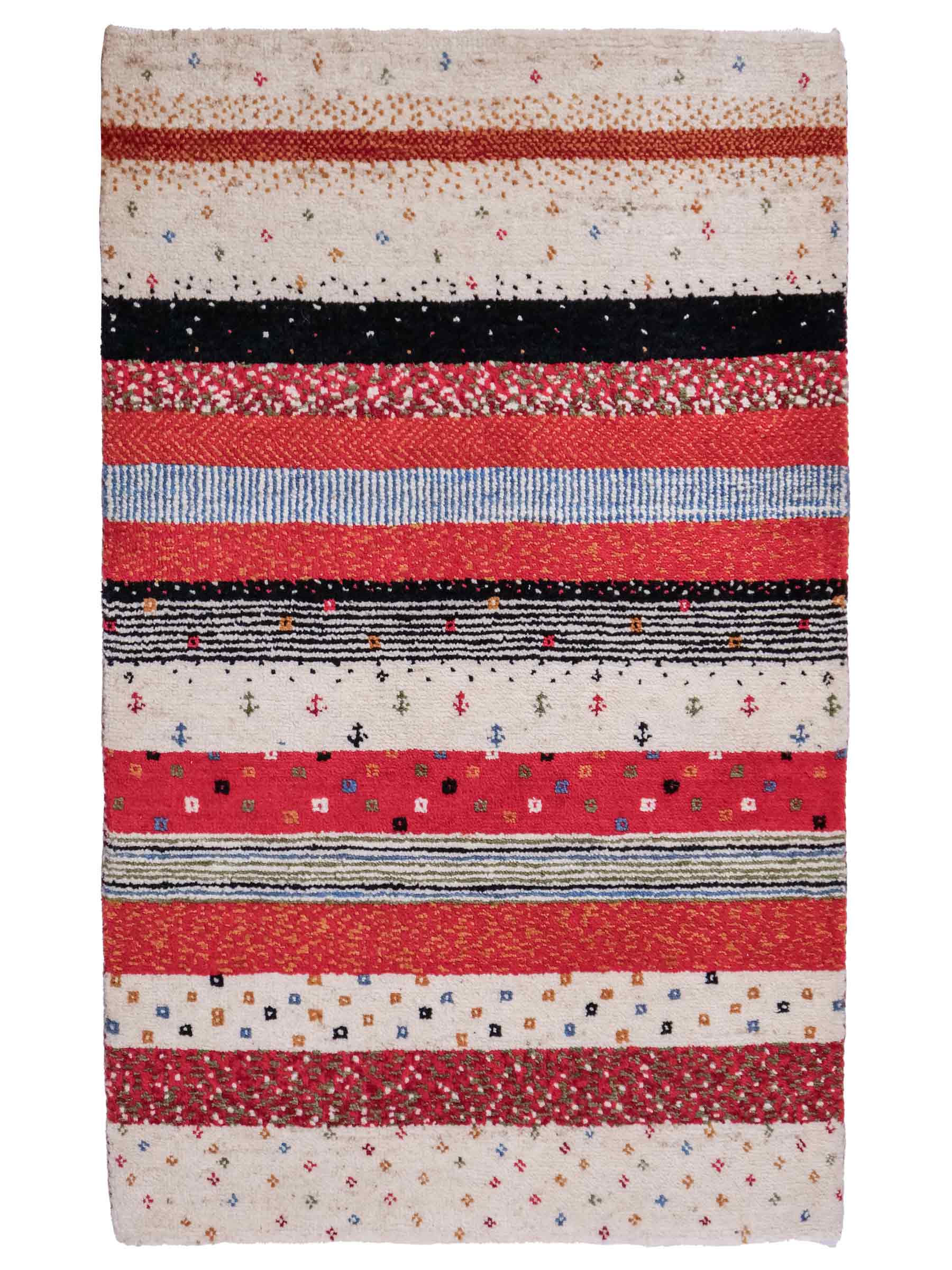 Handgeknüpfter Indo Loribaft Orientteppich von Khademi aus Wolle, cremeweiß, rot. Gestreiftes Nomaden-Design. Von Hand geknüpft in Indien. Größe: 91x62cm. Teppichnummer: KB4-1740. Verkauf durch Jupiter Intl.