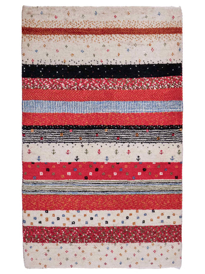 Handgeknüpfter Indo Loribaft Orientteppich von Khademi aus Wolle, cremeweiß, rot. Gestreiftes Nomaden-Design. Von Hand geknüpft in Indien. Größe: 91x62cm. Teppichnummer: KB4-1740. Verkauf durch Jupiter Intl.