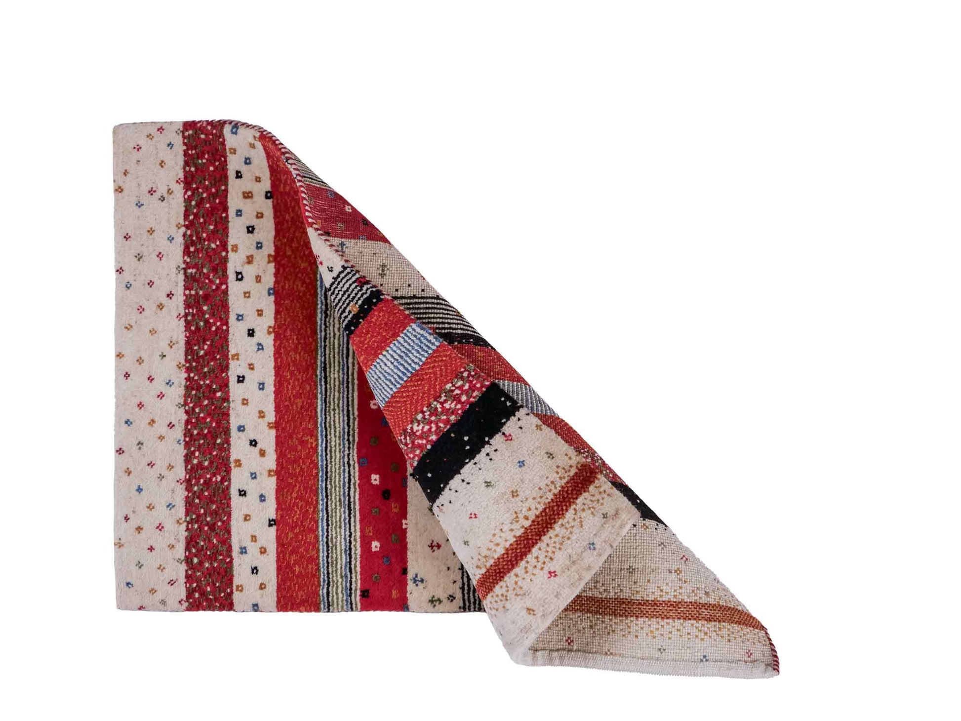 Handgeknüpfter Indo Loribaft Orientteppich von Khademi aus Wolle, cremeweiß, rot. Gestreiftes Nomaden-Design. Von Hand geknüpft in Indien. Größe: 91x62cm. Teppichnummer: KB4-1740. Verkauf durch Jupiter Intl.