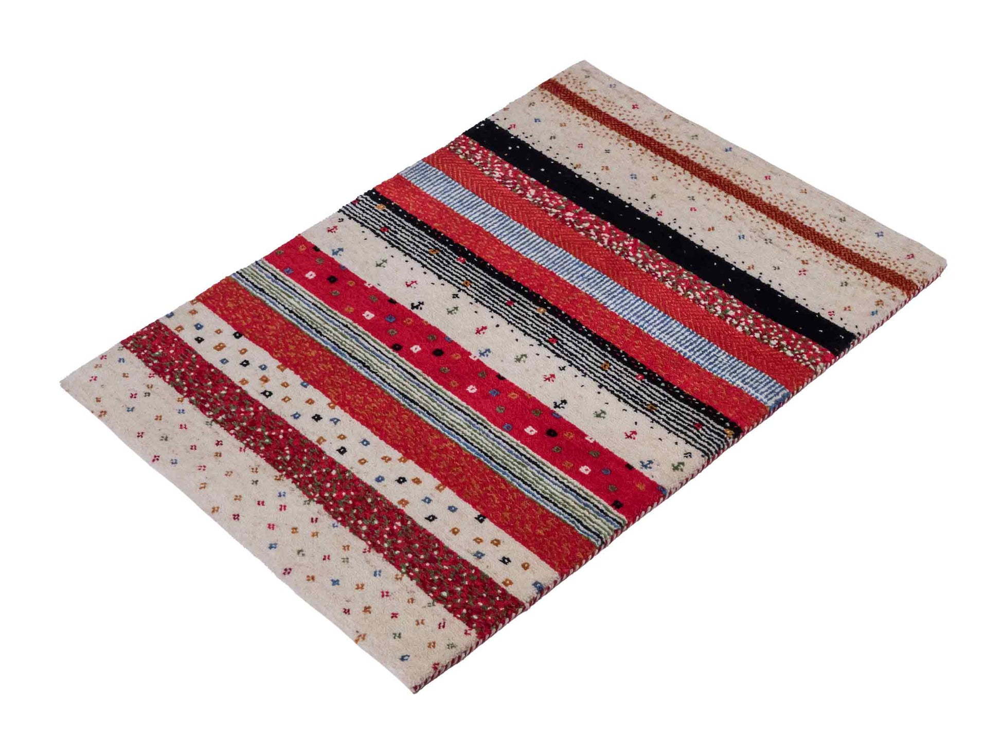 Handgeknüpfter Indo Loribaft Orientteppich von Khademi aus Wolle, cremeweiß, rot. Gestreiftes Nomaden-Design. Von Hand geknüpft in Indien. Größe: 91x62cm. Teppichnummer: KB4-1740. Verkauf durch Jupiter Intl.