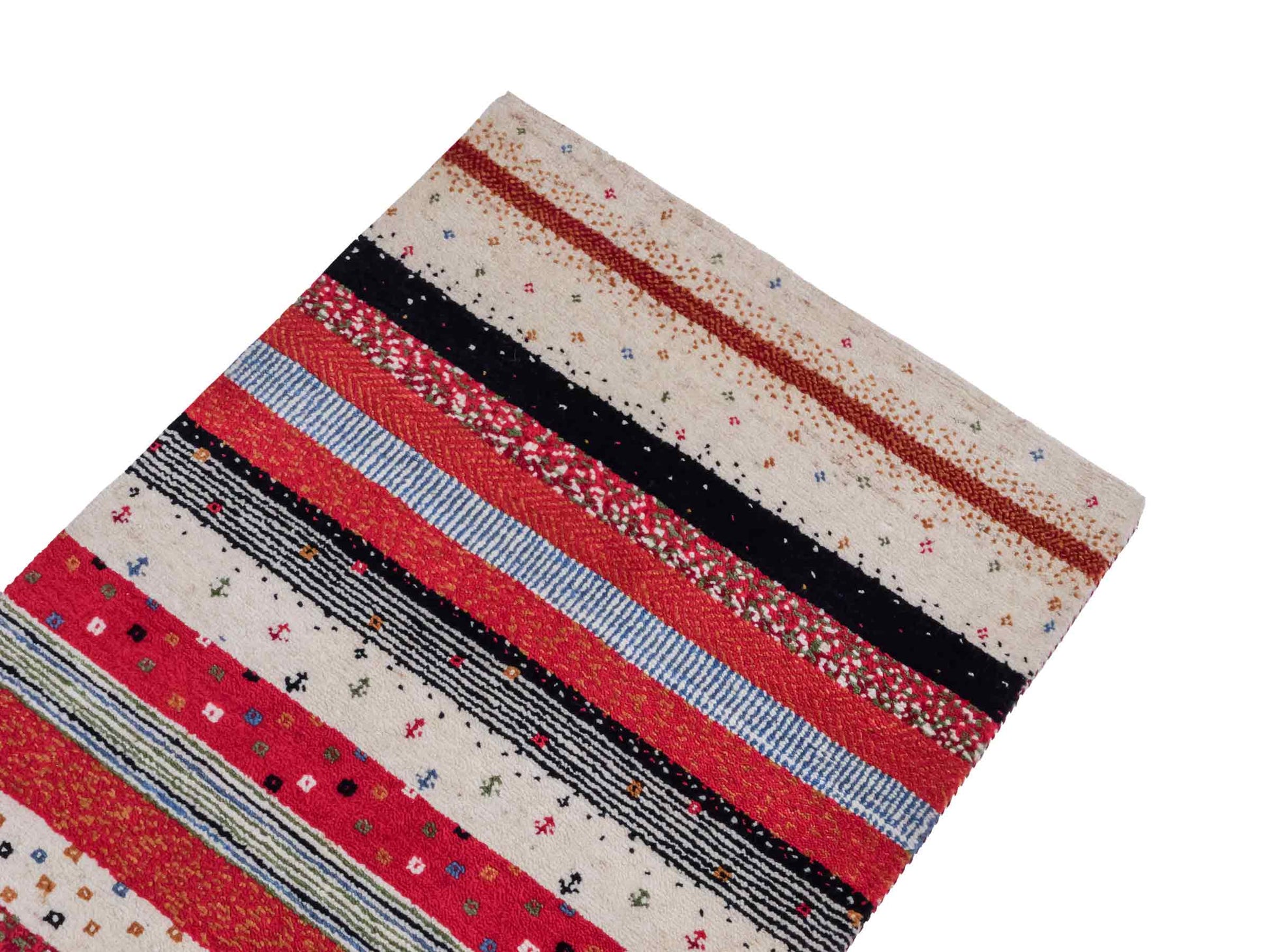 Handgeknüpfter Indo Loribaft Orientteppich von Khademi aus Wolle, cremeweiß, rot. Gestreiftes Nomaden-Design. Von Hand geknüpft in Indien. Größe: 91x62cm. Teppichnummer: KB4-1740. Verkauf durch Jupiter Intl.