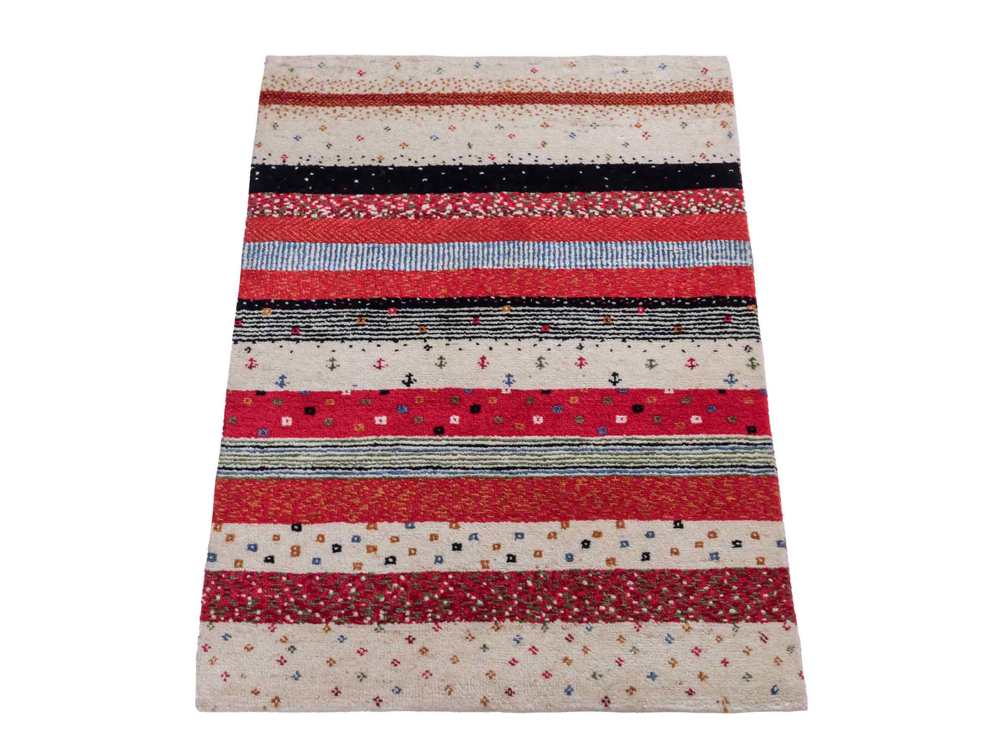 Handgeknüpfter Indo Loribaft Orientteppich von Khademi aus Wolle, cremeweiß, rot. Gestreiftes Nomaden-Design. Von Hand geknüpft in Indien. Größe: 91x62cm. Teppichnummer: KB4-1740. Verkauf durch Jupiter Intl.