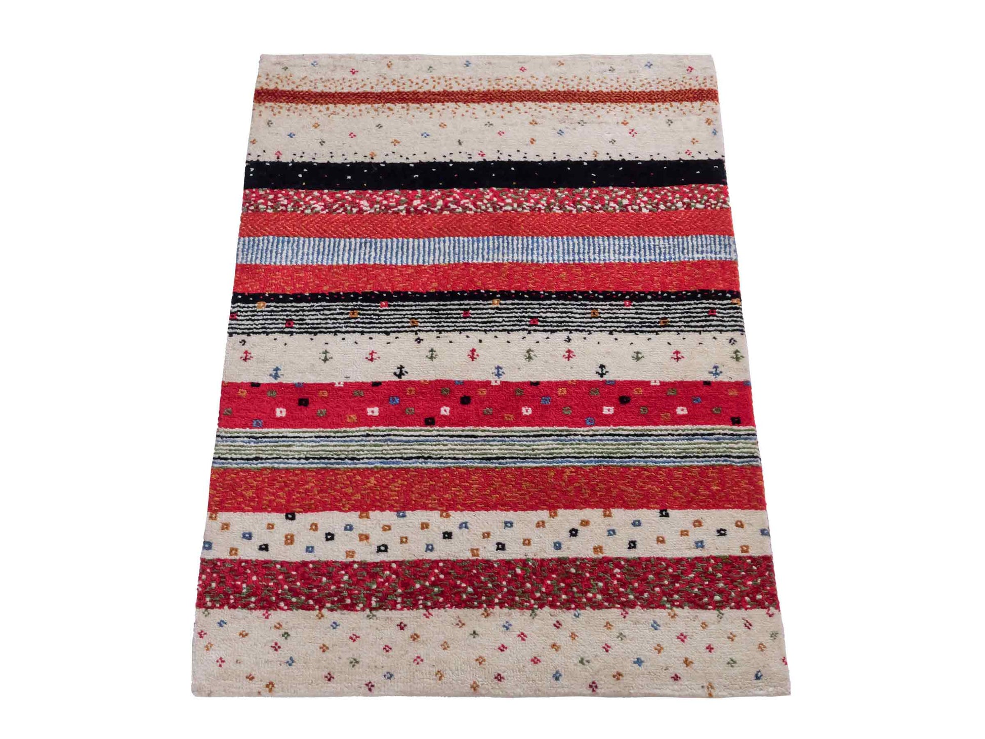 Handgeknüpfter Indo Loribaft Orientteppich von Khademi aus Wolle, cremeweiß, rot. Gestreiftes Nomaden-Design. Von Hand geknüpft in Indien. Größe: 91x62cm. Teppichnummer: KB4-1740. Verkauf durch Jupiter Intl.