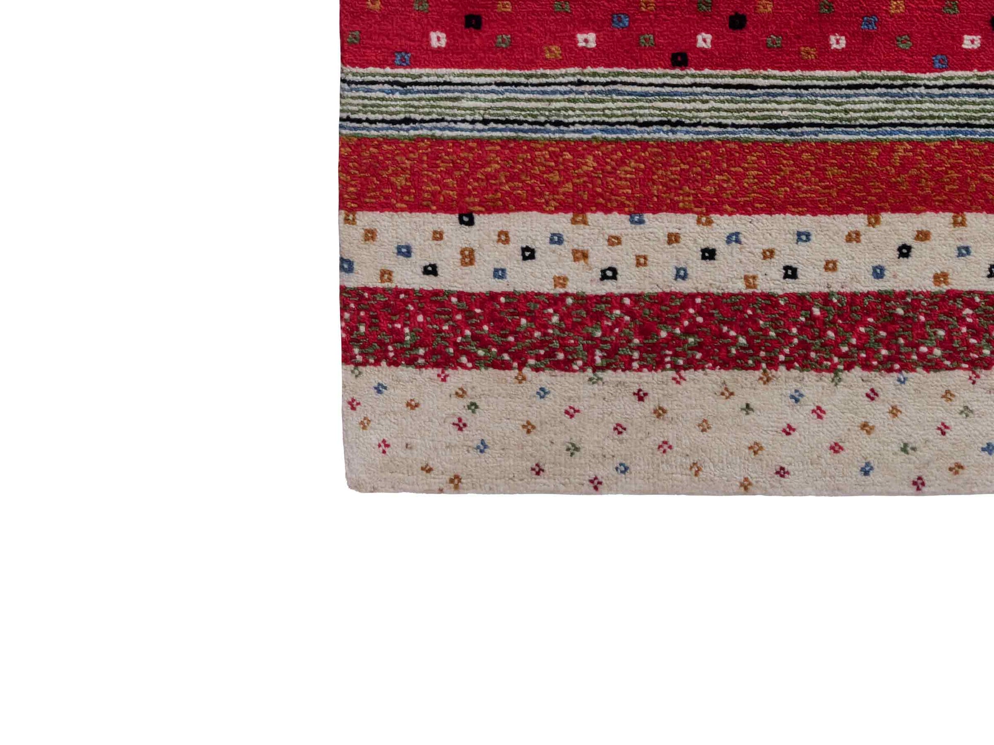 Handgeknüpfter Indo Loribaft Orientteppich von Khademi aus Wolle, cremeweiß, rot. Gestreiftes Nomaden-Design. Von Hand geknüpft in Indien. Größe: 91x62cm. Teppichnummer: KB4-1740. Verkauf durch Jupiter Intl.