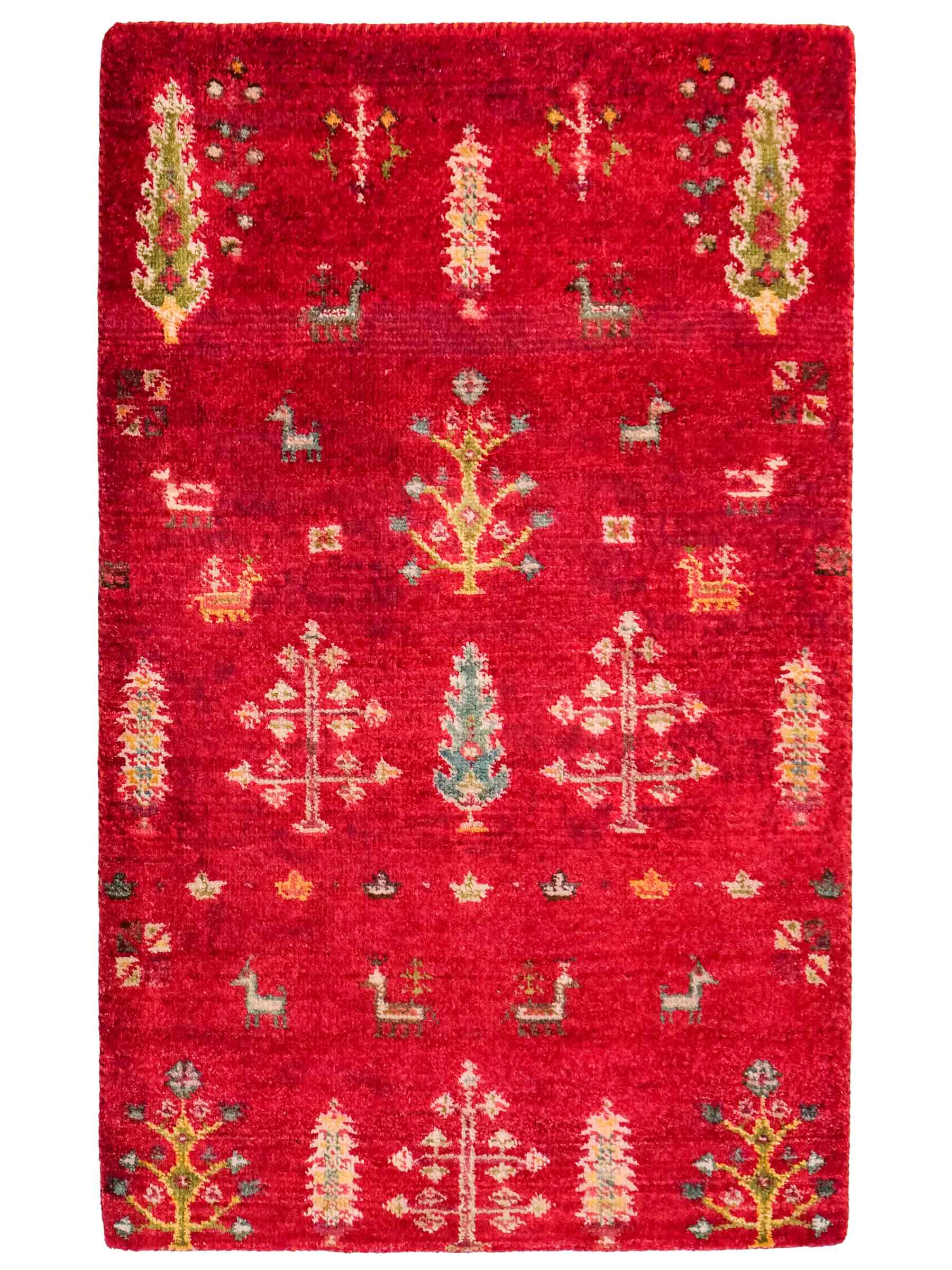 Handgeknüpfter Indo Loribaft Orientteppich von Khademi aus Wolle, rot. Florales Nomaden-Design. Von Hand geknüpft in Indien. Größe: 91x63cm. Teppichnummer: KB4-1747. Verkauf durch Jupiter Intl.