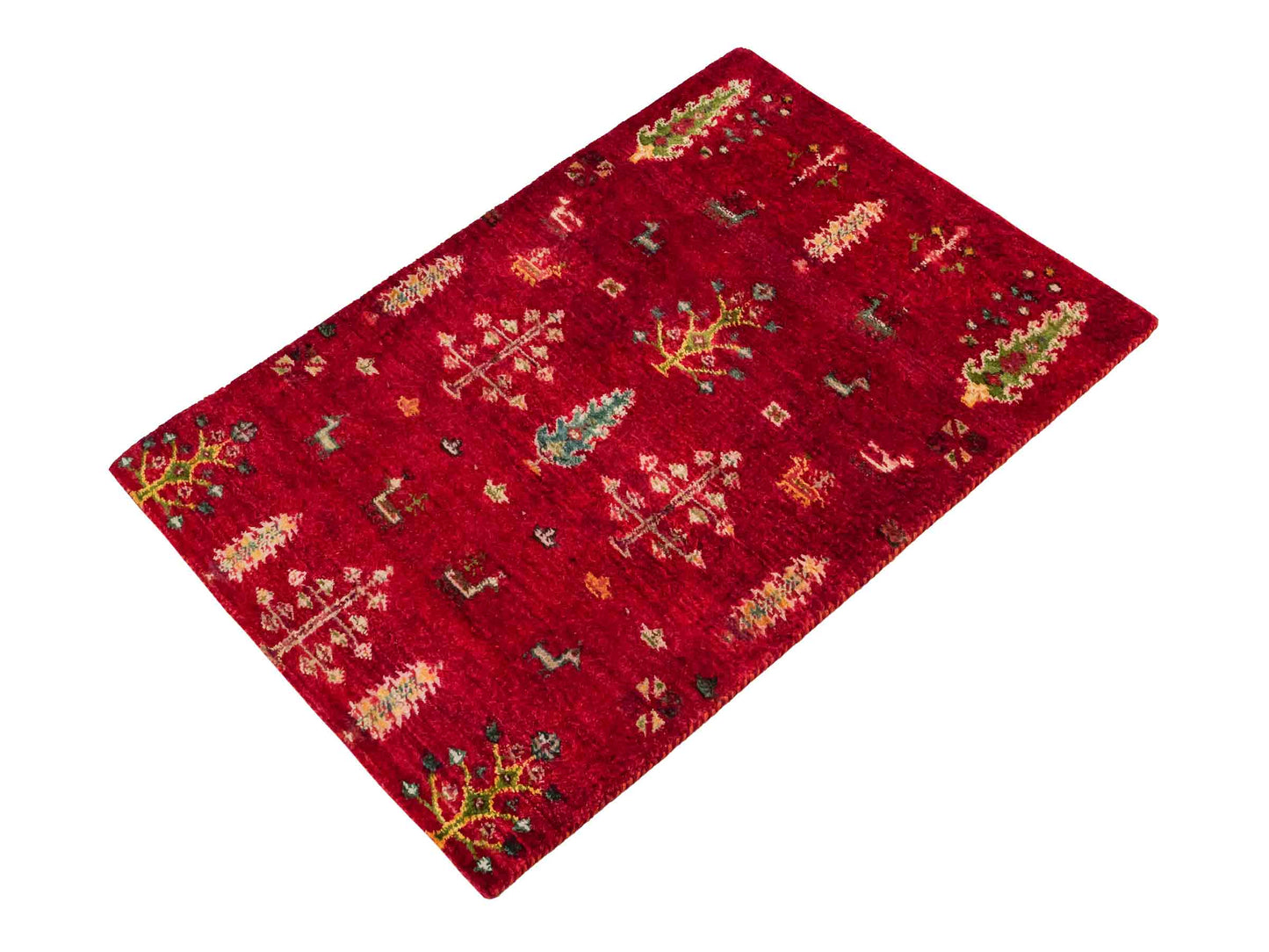Handgeknüpfter Indo Loribaft Orientteppich von Khademi aus Wolle, rot. Florales Nomaden-Design. Von Hand geknüpft in Indien. Größe: 91x63cm. Teppichnummer: KB4-1747. Verkauf durch Jupiter Intl.