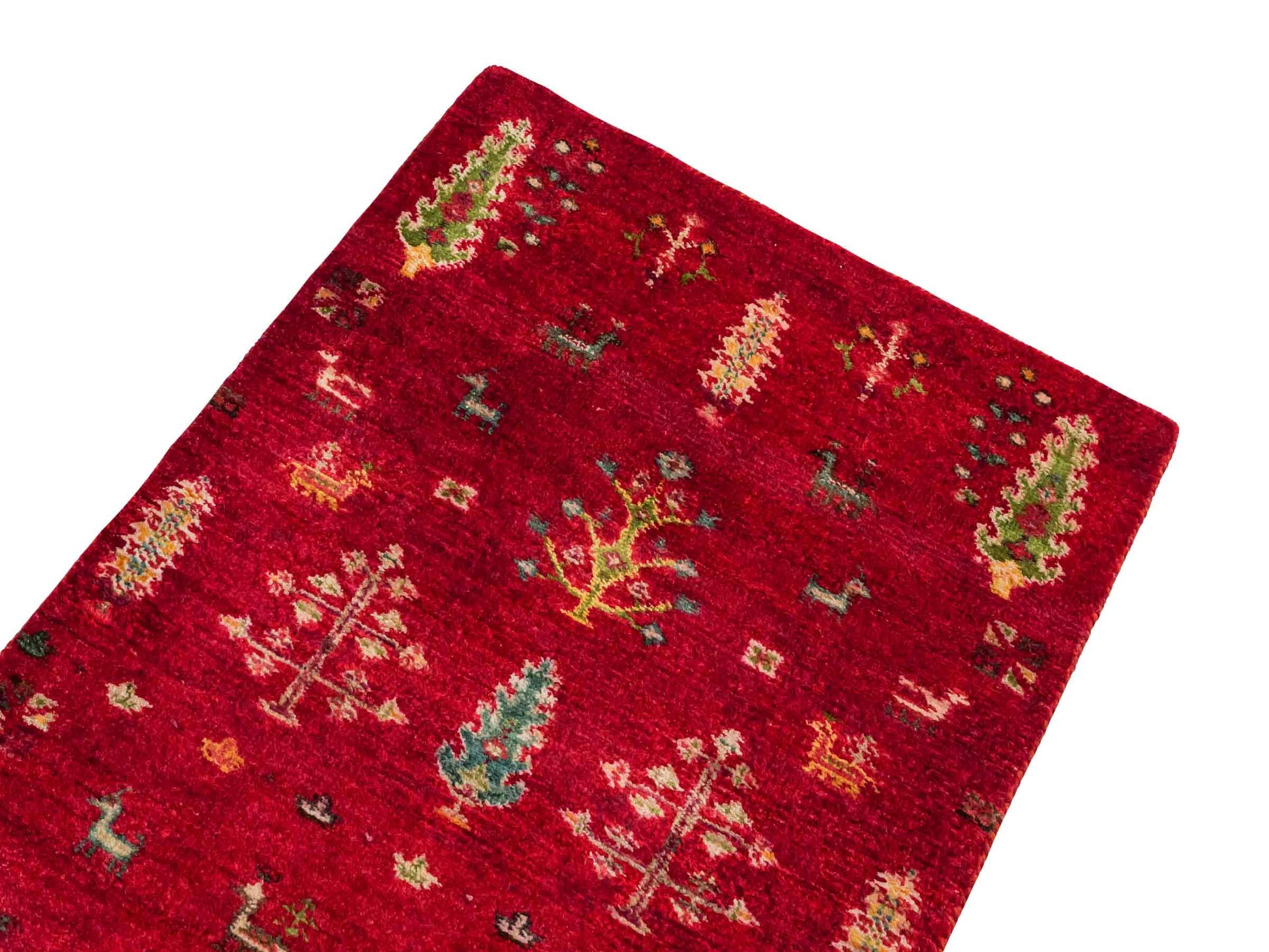 Handgeknüpfter Indo Loribaft Orientteppich von Khademi aus Wolle, rot. Florales Nomaden-Design. Von Hand geknüpft in Indien. Größe: 91x63cm. Teppichnummer: KB4-1747. Verkauf durch Jupiter Intl.