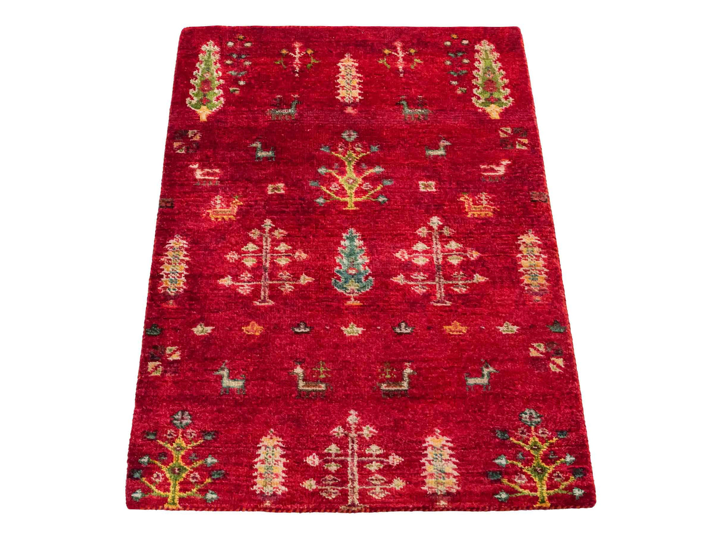 Handgeknüpfter Indo Loribaft Orientteppich von Khademi aus Wolle, rot. Florales Nomaden-Design. Von Hand geknüpft in Indien. Größe: 91x63cm. Teppichnummer: KB4-1747. Verkauf durch Jupiter Intl.
