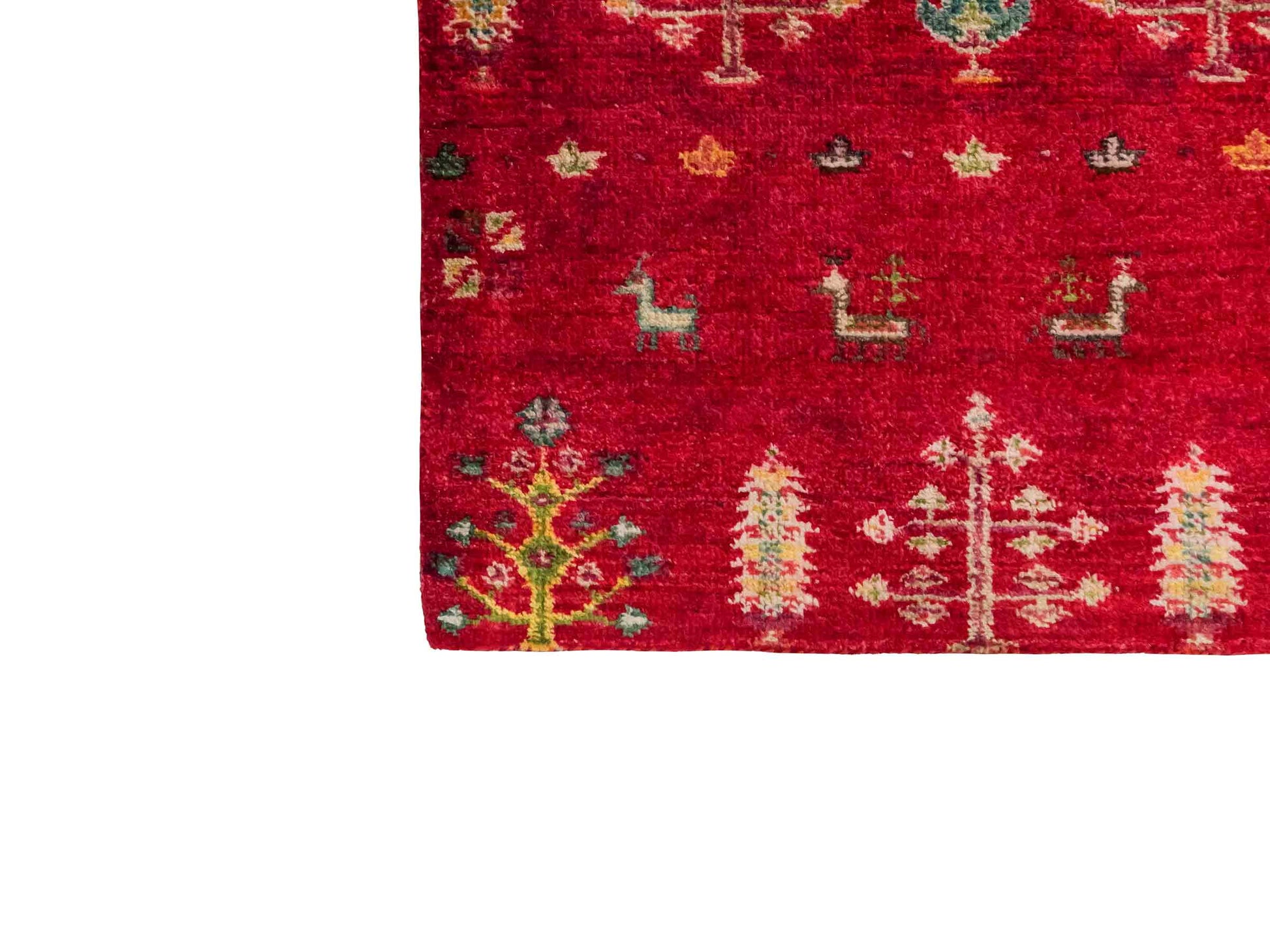 Handgeknüpfter Indo Loribaft Orientteppich von Khademi aus Wolle, rot. Florales Nomaden-Design. Von Hand geknüpft in Indien. Größe: 91x63cm. Teppichnummer: KB4-1747. Verkauf durch Jupiter Intl.