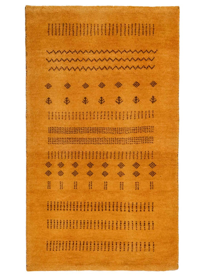 Handgeknüpfter Indo Loribaft Orientteppich von Khademi aus Wolle, gold. Geometrisches Nomaden-Design. Von Hand geknüpft in Indien. Größe: 92x59cm. Teppichnummer: KB4-1734. Verkauf durch Jupiter Intl.