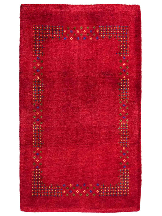 Handgeknüpfter Indo Loribaft Orientteppich von Khademi aus Wolle, rot. Geometrisches Nomaden-Design. Von Hand geknüpft in Indien. Größe: 92x62cm. Teppichnummer: KB4-1729. Verkauf durch Jupiter Intl.